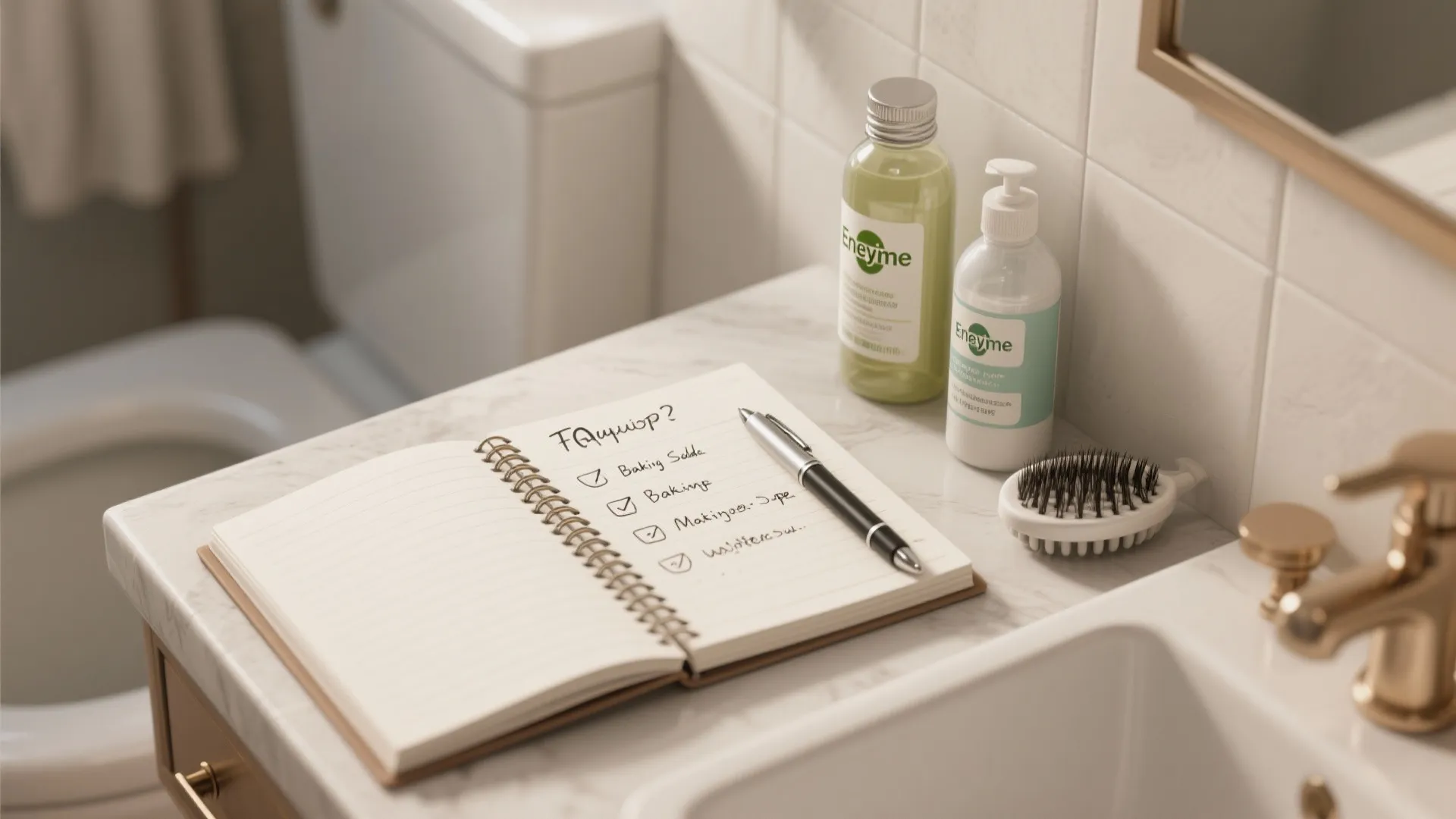 Notebook with cleaning checklist lying on bathroom counter next to soap bottles and white sink