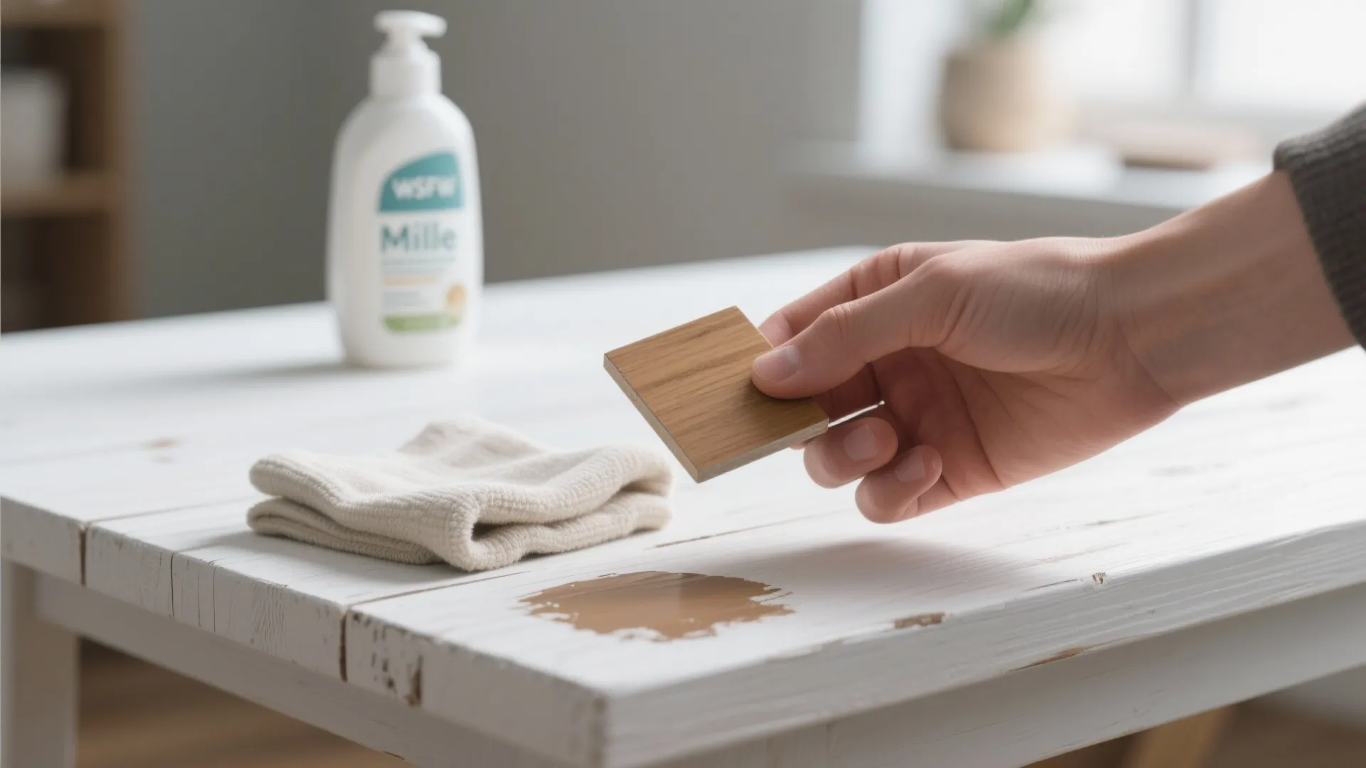 Hand holding a painted wood sample and cloth beside a white wood surface, illustrating maintenance and paint selection.