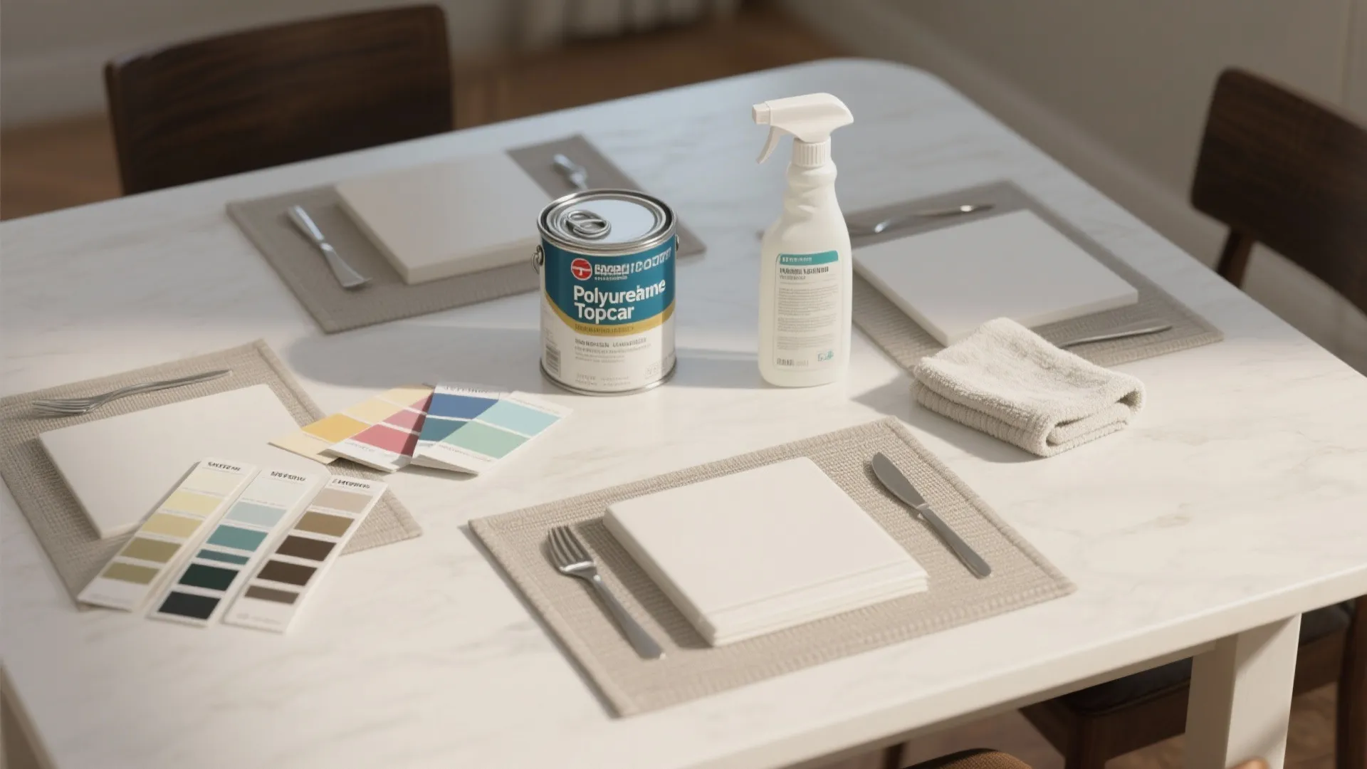 White dining table holding a paint can spray bottle color samples and a small towel