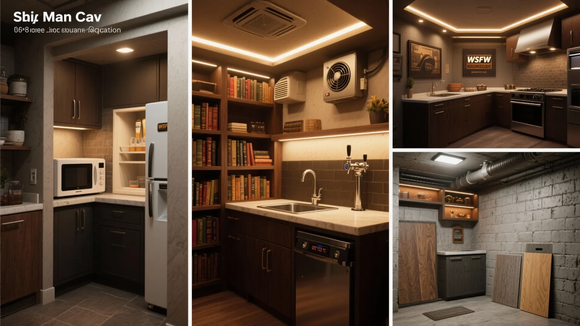 Collage showing four basement kitchen designs with dark wood cabinets brick walls and light fixtures