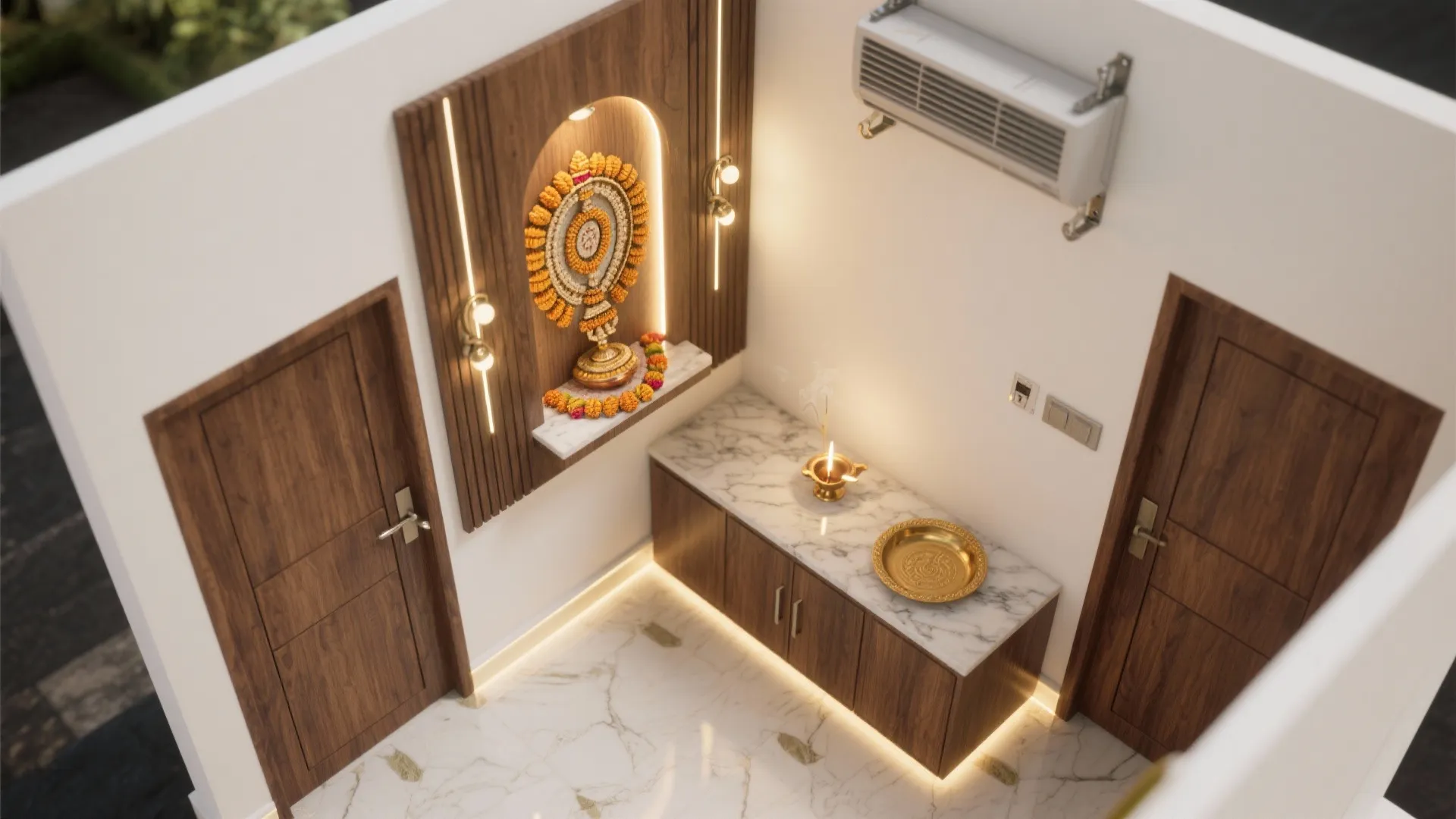Prayer room corner with wooden doors marble counter cabinet floral wall decoration and bright lights