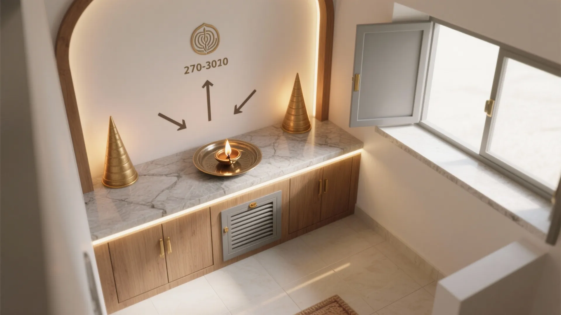 Small prayer space with marble counter wooden cabinets oil lamp gold cones and window light