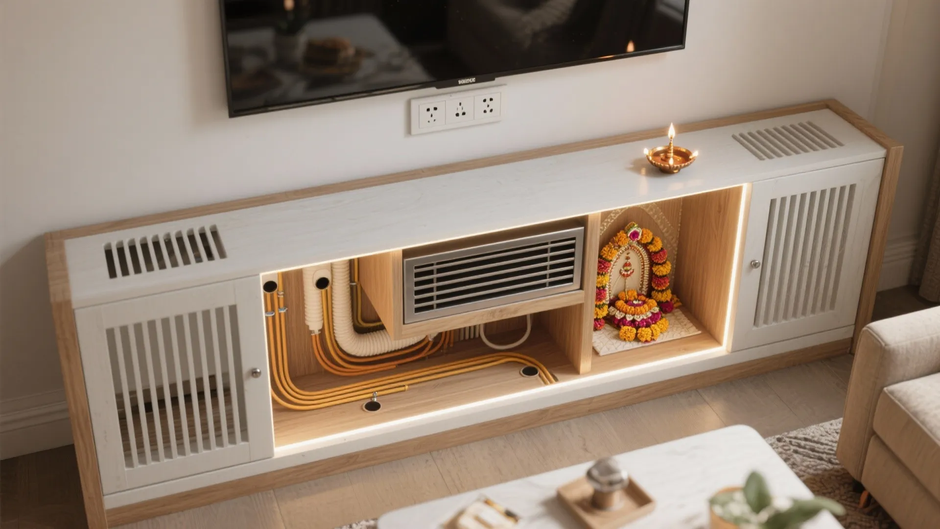 Television unit with open storage area showing internal wire management and a small prayer area