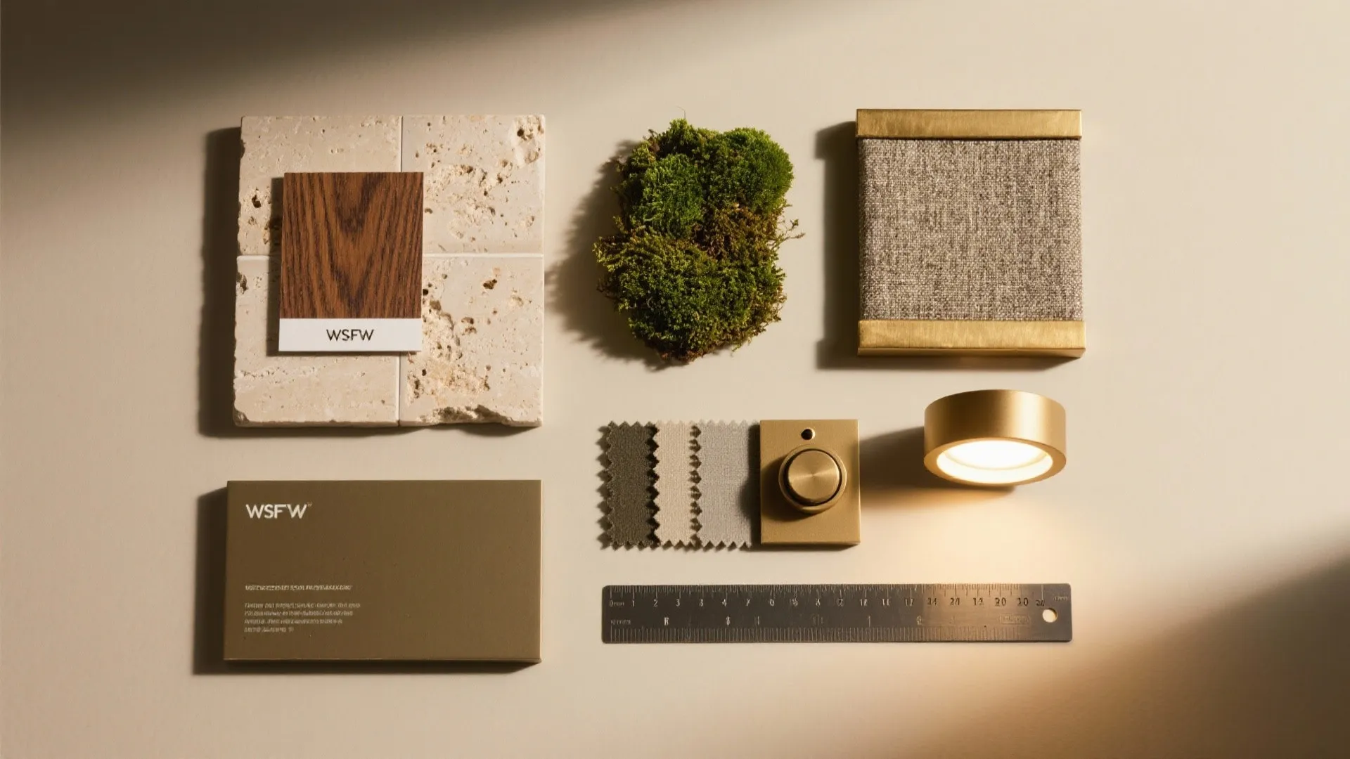 Interior design material board with stone wood fabric samples moss ruler and small light fixture
