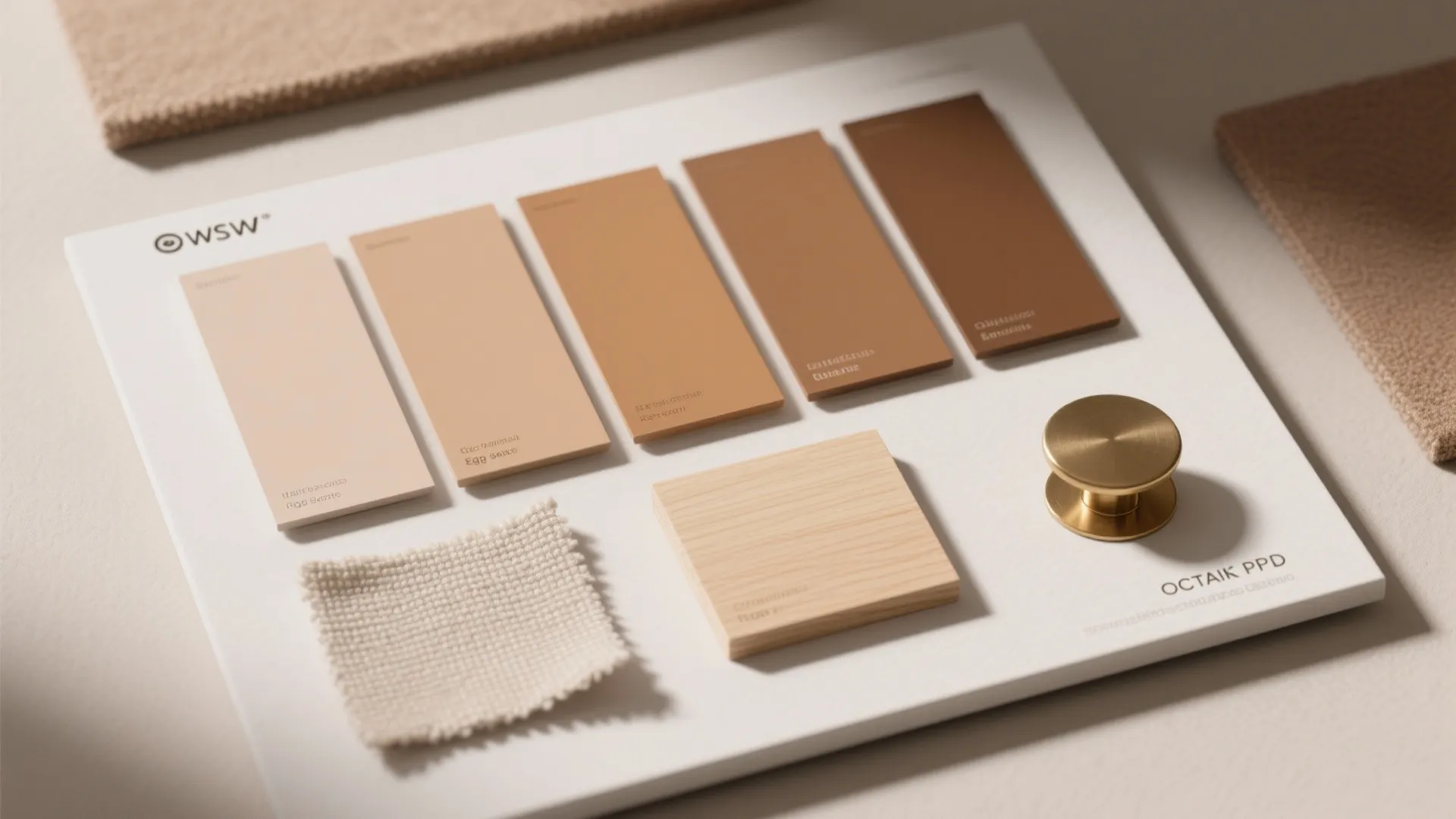 Material flatlay of light brown paint swatches, finish samples and fabric chips showing warm and cool undertones.