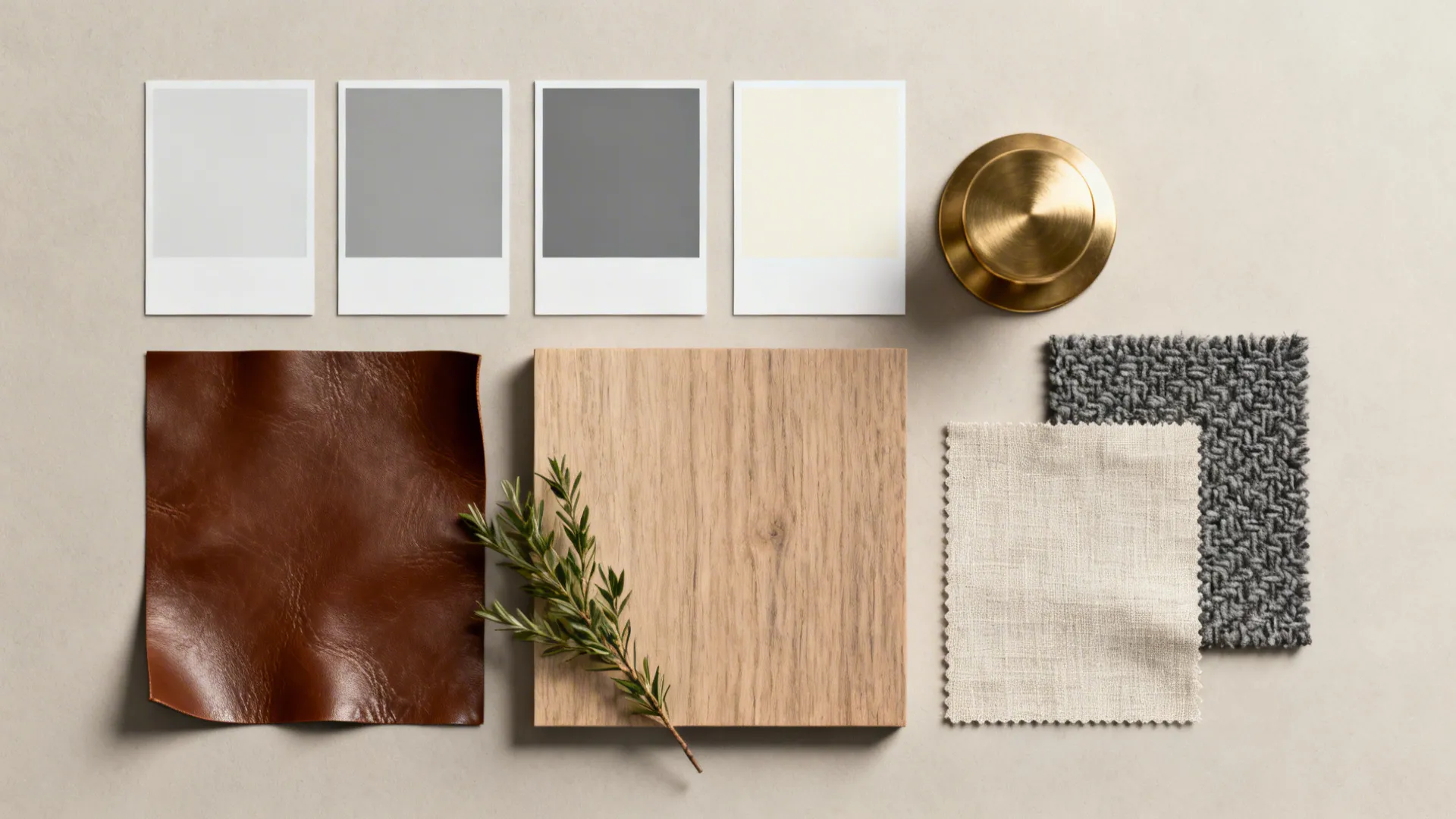 Material flatlay with chocolate leather, grey paint chips, wood and brass samples