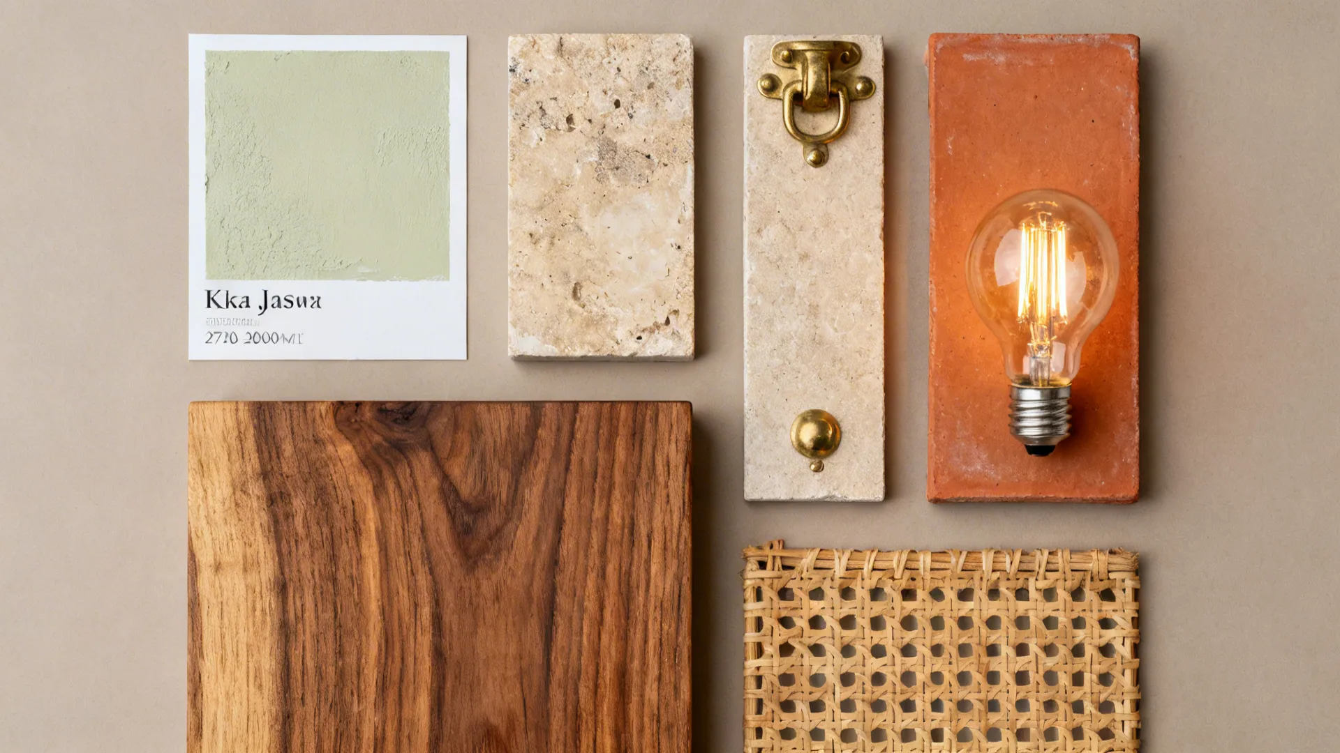 Flat-lay of lime, stone, terracotta, brass, teak, warm LED, and cane samples for a village-style kitchen.