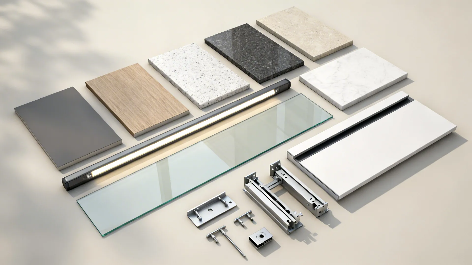 Flat lay of kitchen material and hardware samples including laminate, quartz, glass, LED strip, and drawer systems.