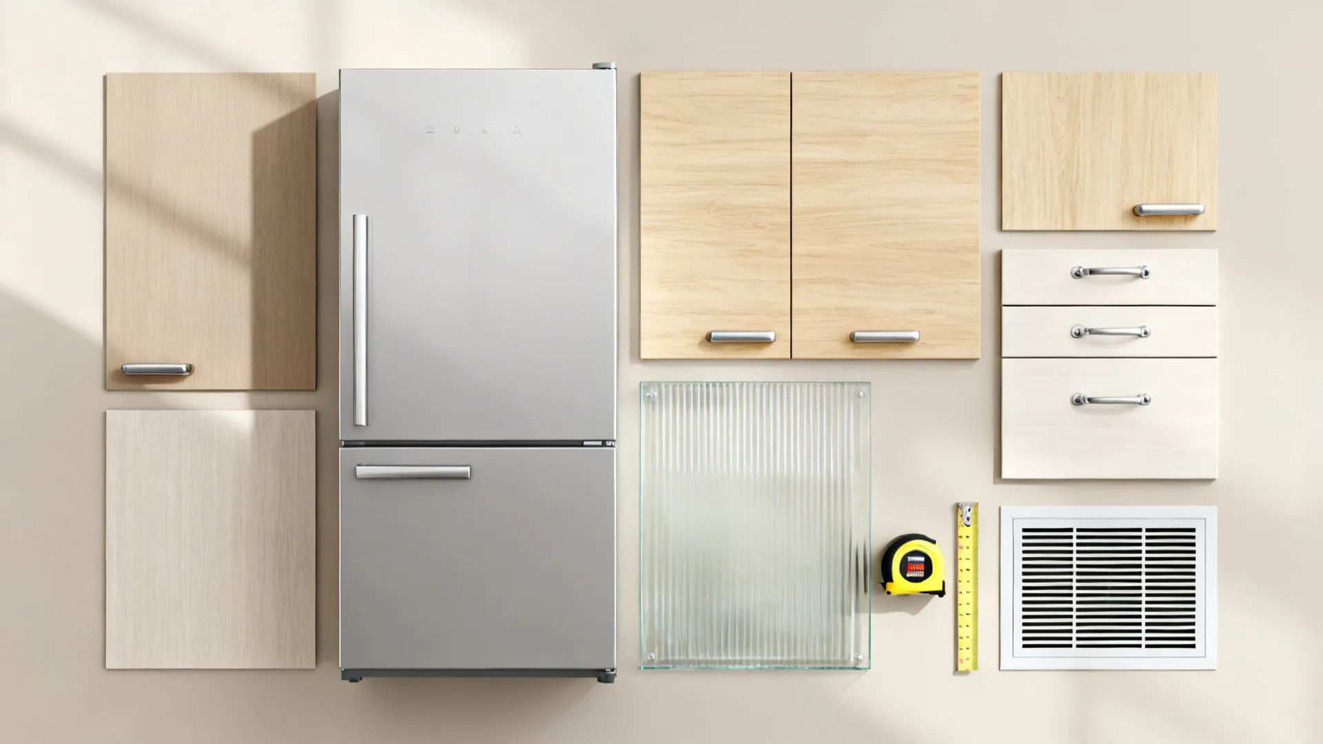 Flat lay of finishes, glass types, hardware, and a ventilation grille for kitchen planning.