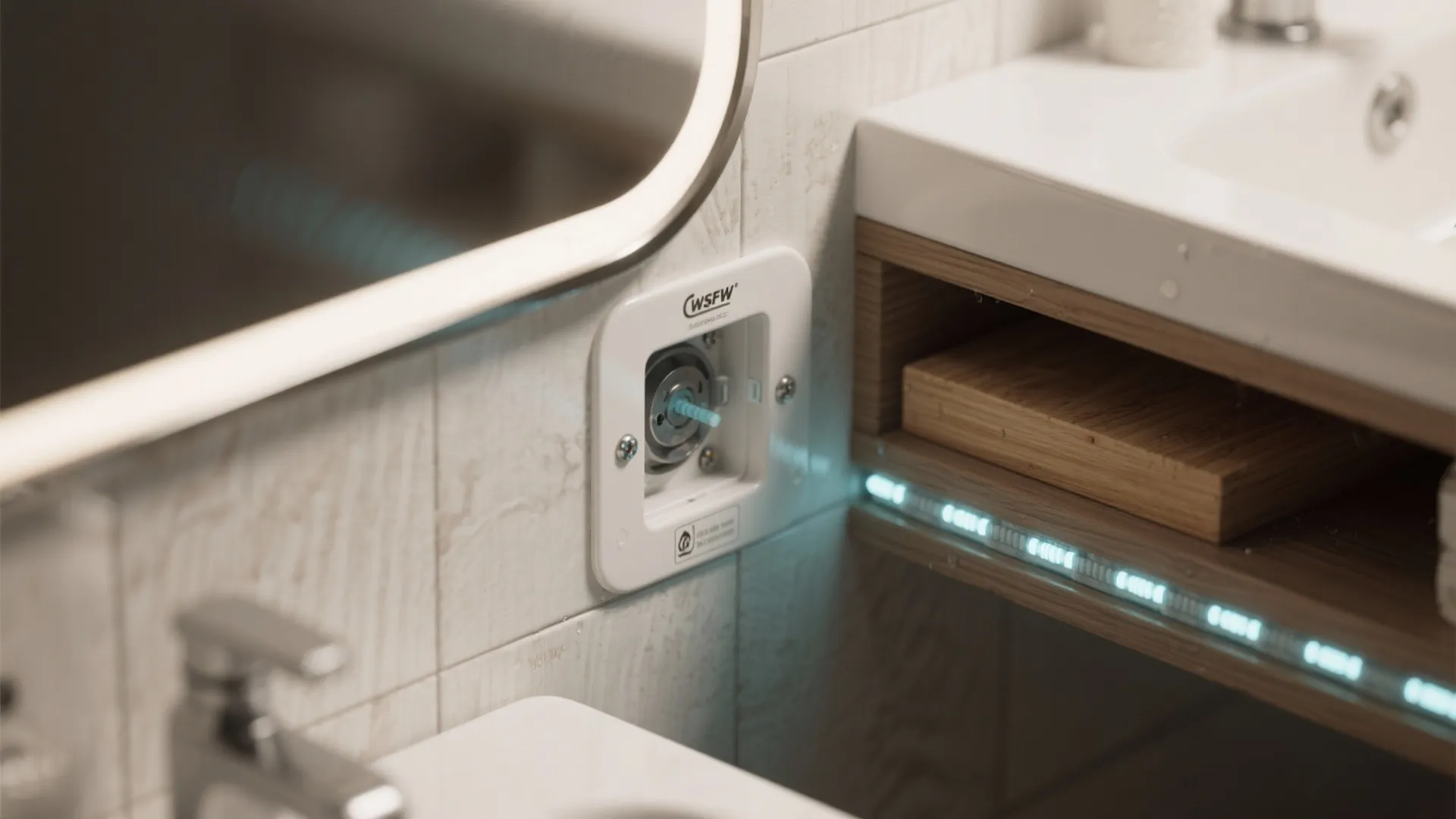 Close-up of moisture-resistant MDF, sealed wood sample, and damp-rated LED strip for bathroom use.