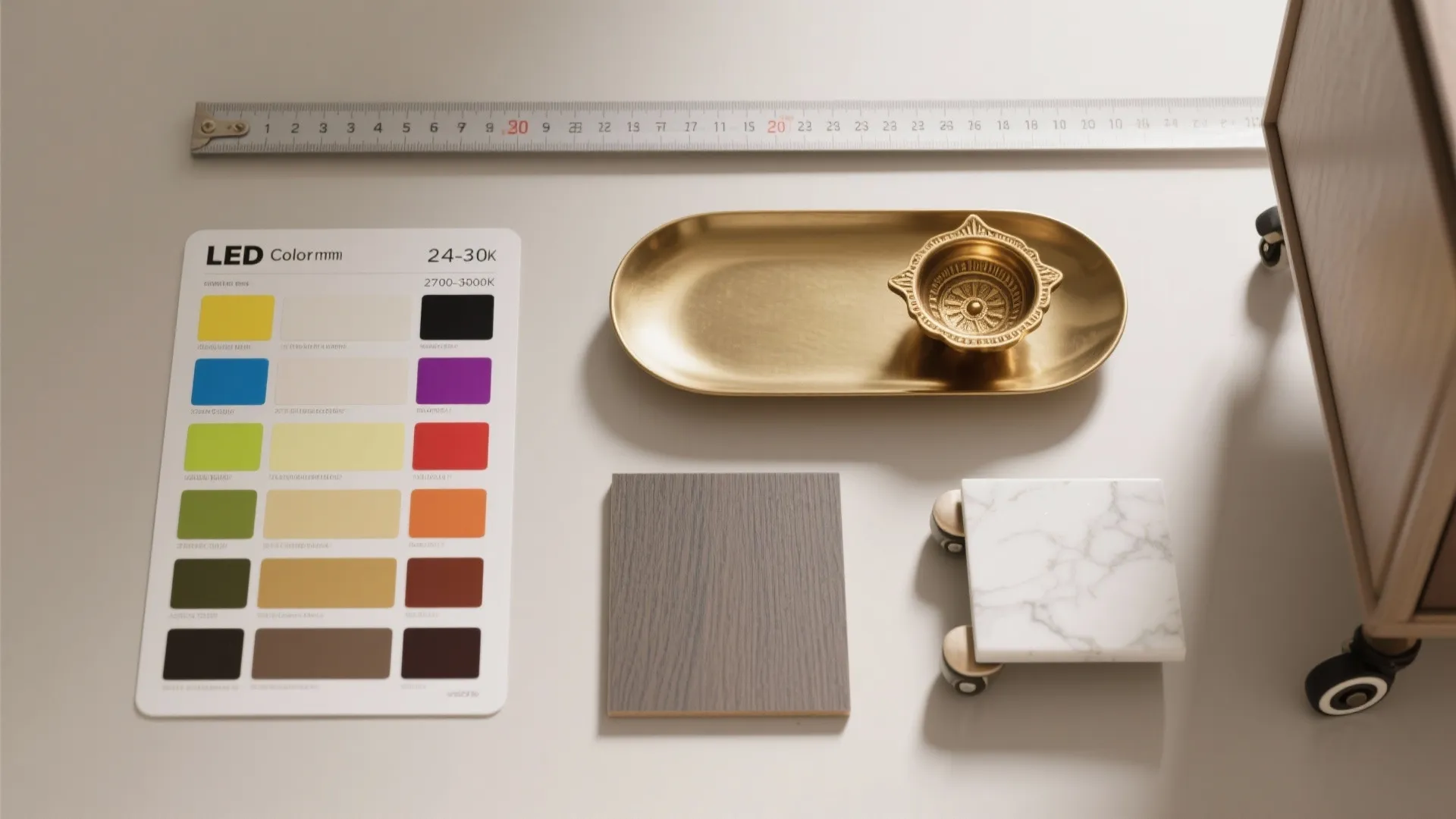 Flat lay of measurement tools, warm LED reference chips, brass diya tray, veneer and slab samples, and a caster.