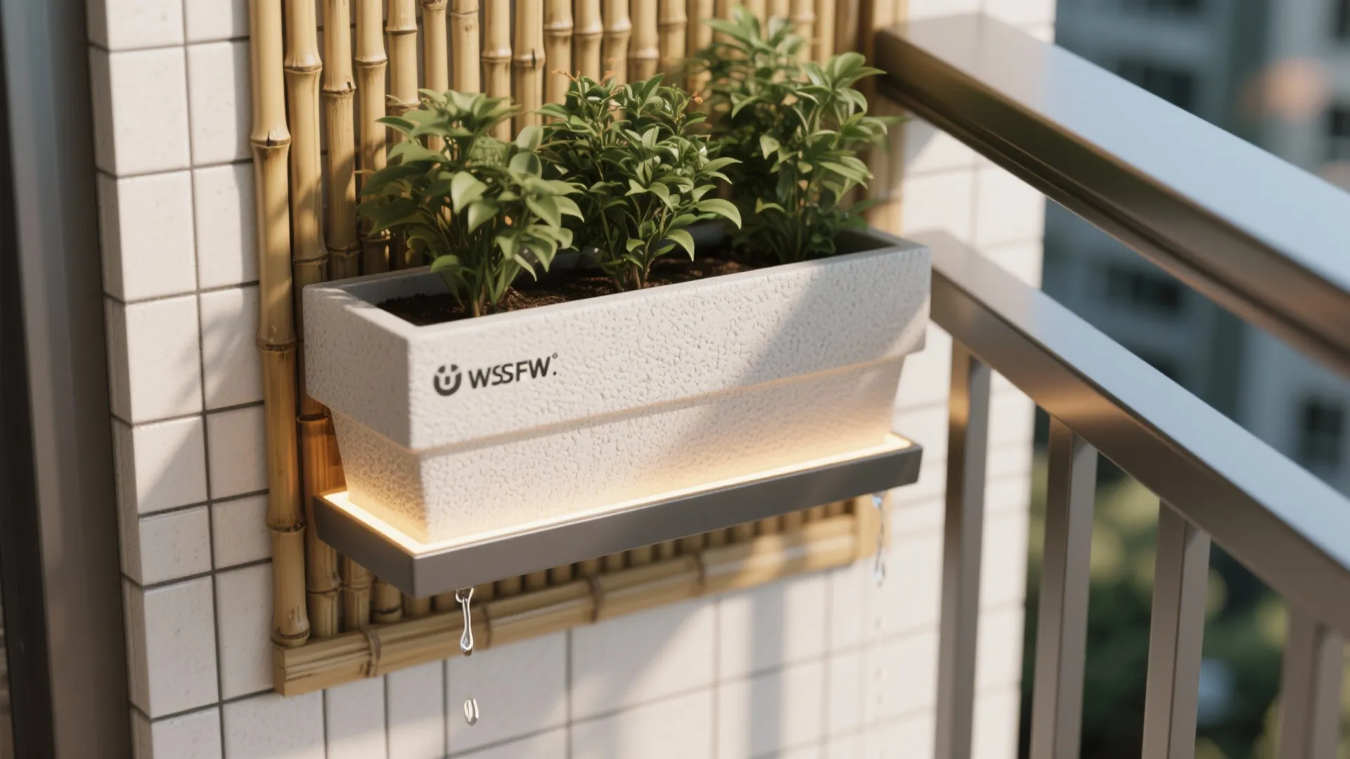 Macro views of UV-stable planter with drip tray, textured tile edge, bamboo screen gap, warm LED strip, and powder-coated rail.