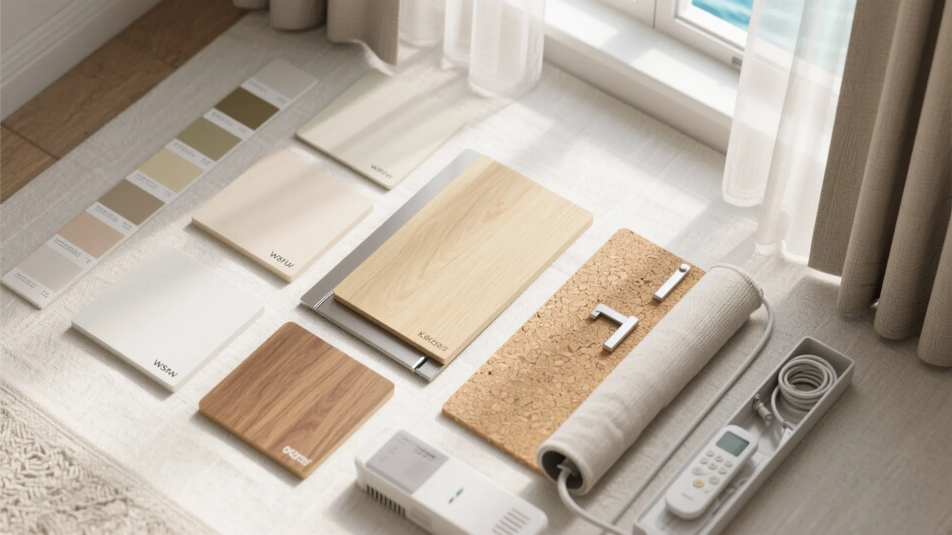Various interior design material samples like wood tiles fabric and color swatches on white floor