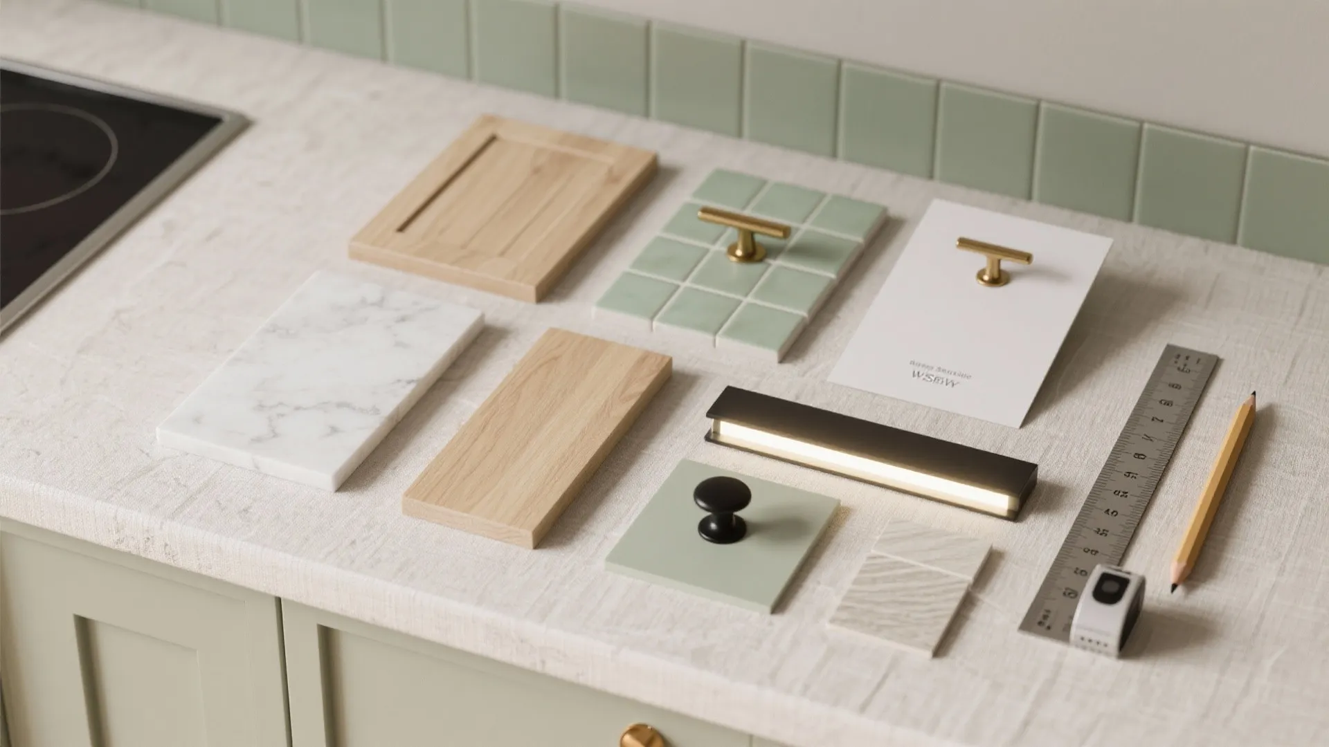 Interior design materials including wood samples marble tiles and gold handles on a kitchen counter