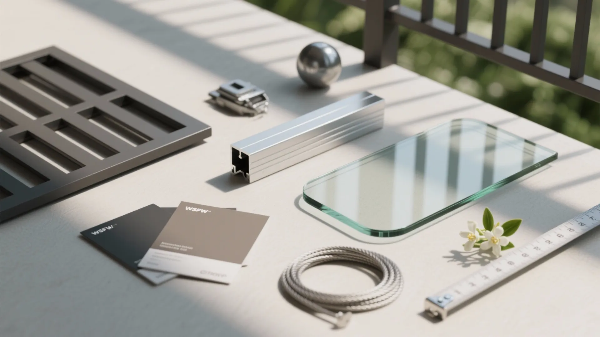 Collection of interior design materials including glass panel metal profile color swatches and measuring tape