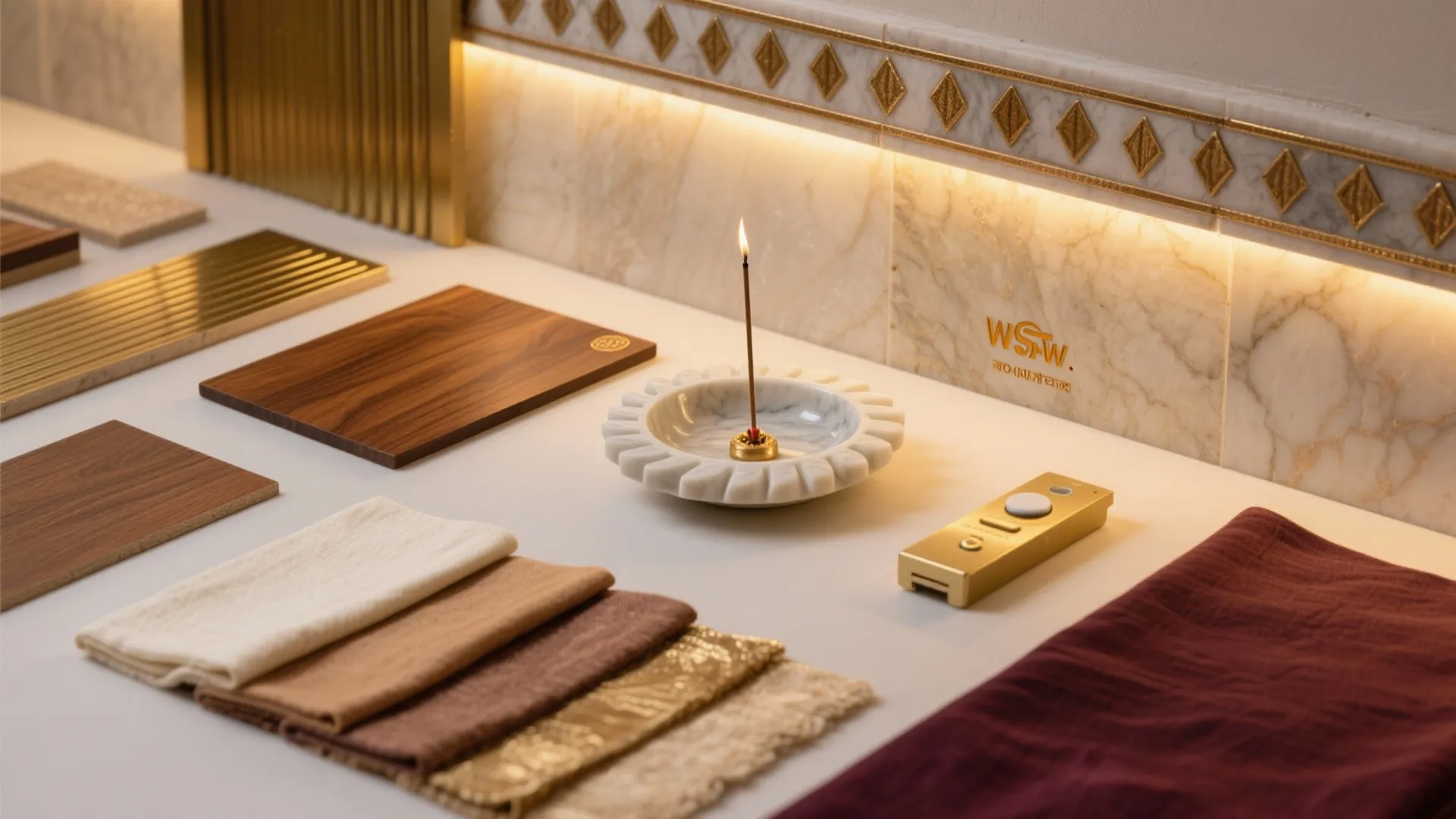 Material flat-lay for pooja wall decoration: teak, brass, marble, warm LEDs with diffuser, cream and maroon textiles.