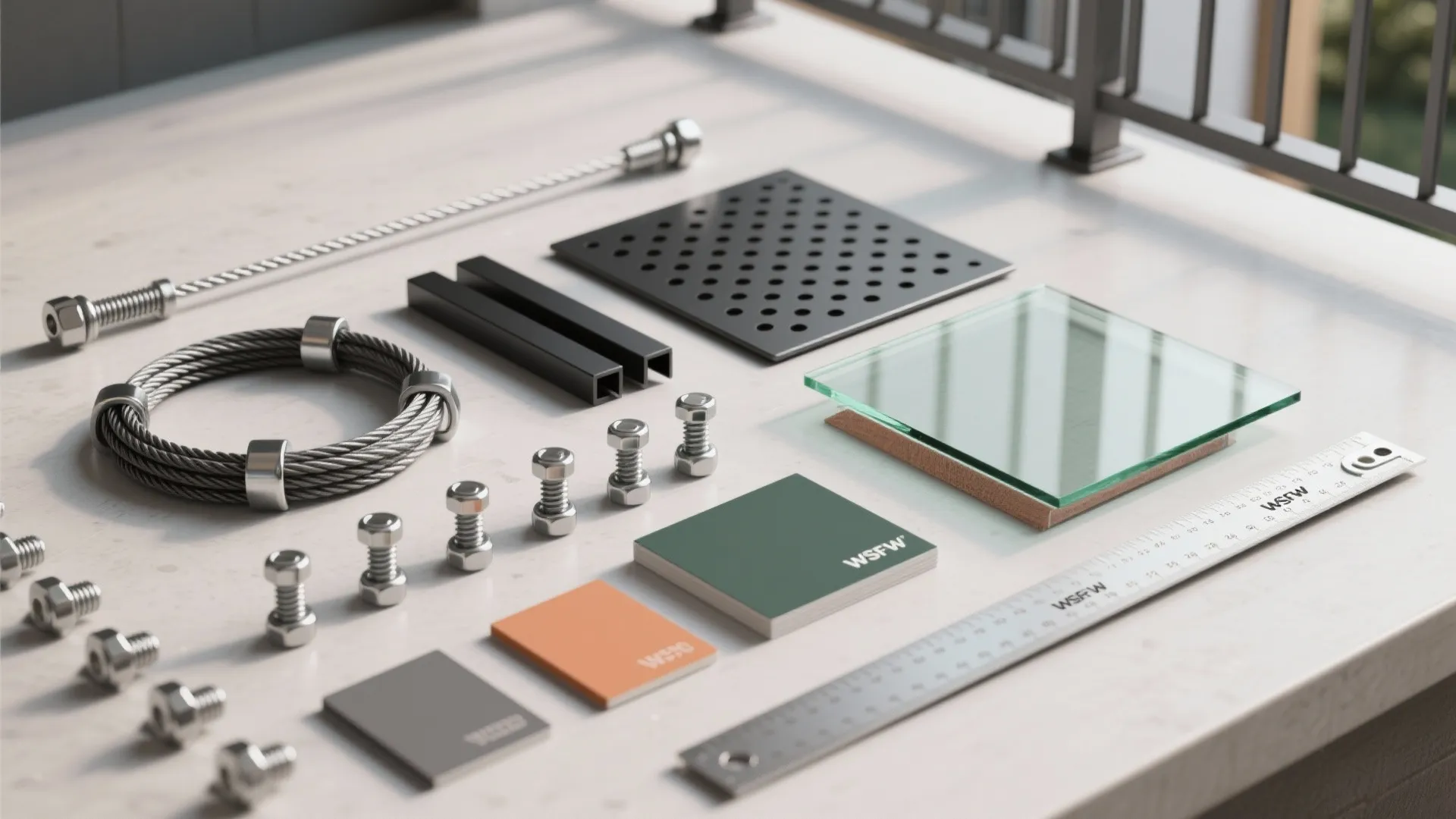Various home railing parts including metal screws steel cables glass panel and small color sample tiles