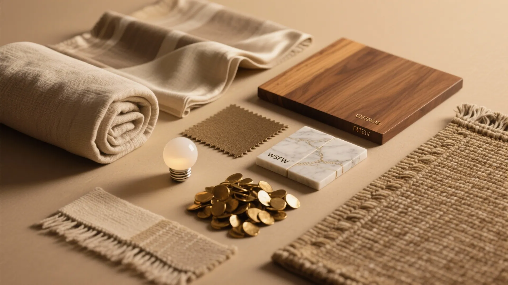 Interior design material board with wood tile marble fabric samples and a small light bulb