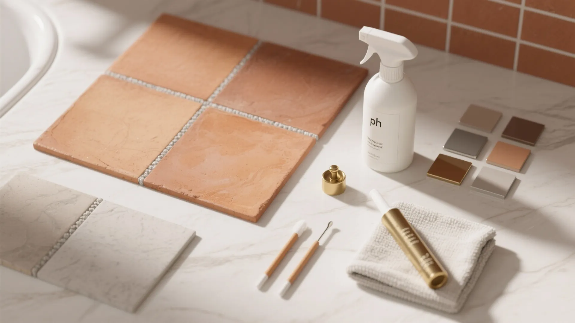 Flat lay of terracotta samples, warm-toned grout sticks, sealer tools, microfiber cloth, and unlabeled cleaner bottle.