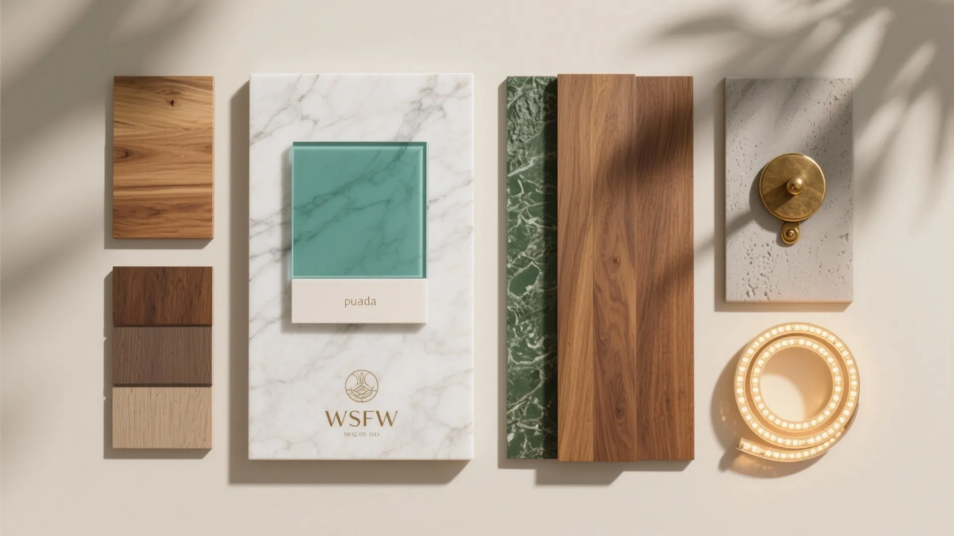 Top-down flatlay of marble, back-painted glass, teak, microcement, brass hardware, and warm LED strip for puja walls.