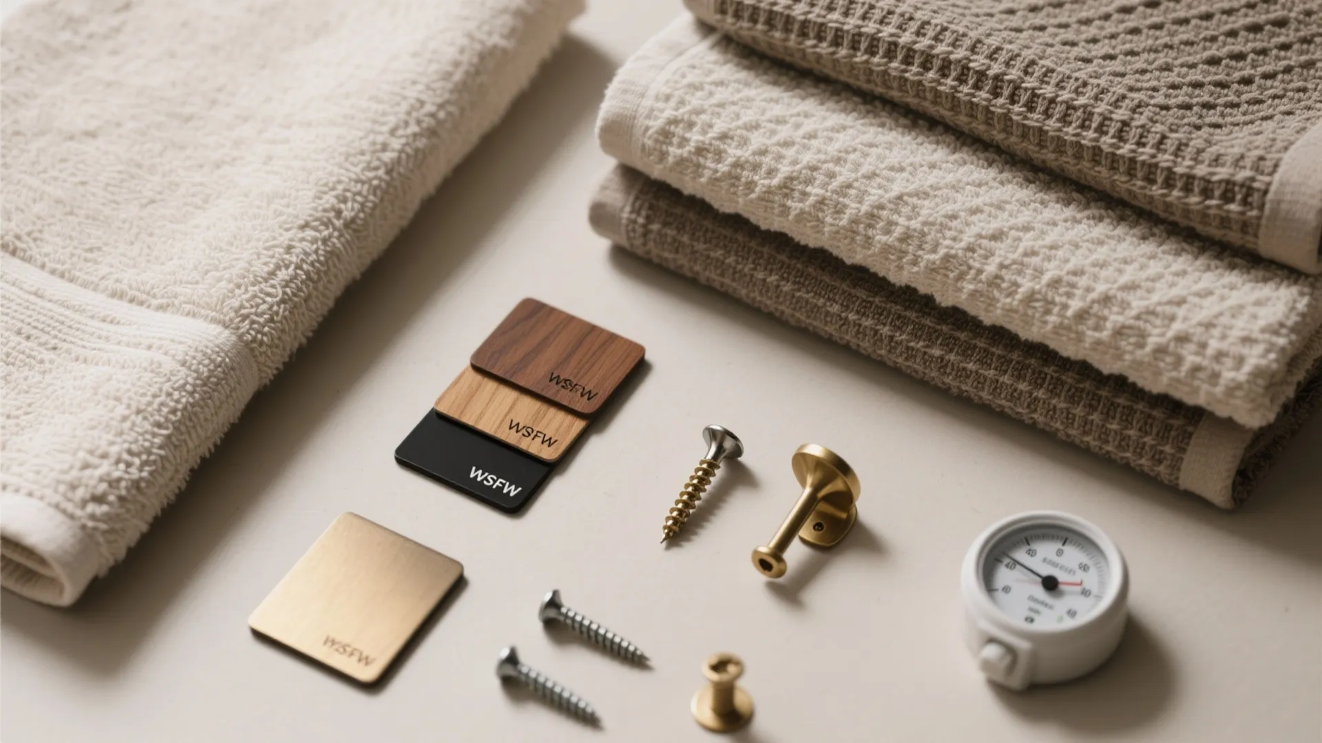 Top-down flatlay of towel fabric swatches, wood and metal finish samples, and small installation tools for decision-making.