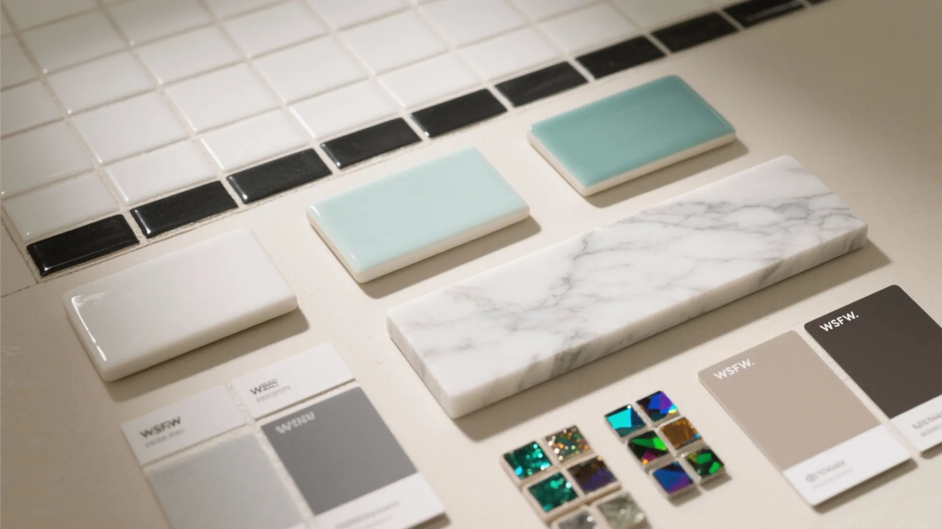 Interior design material samples including white marble tile, green glass tiles, and various color cards