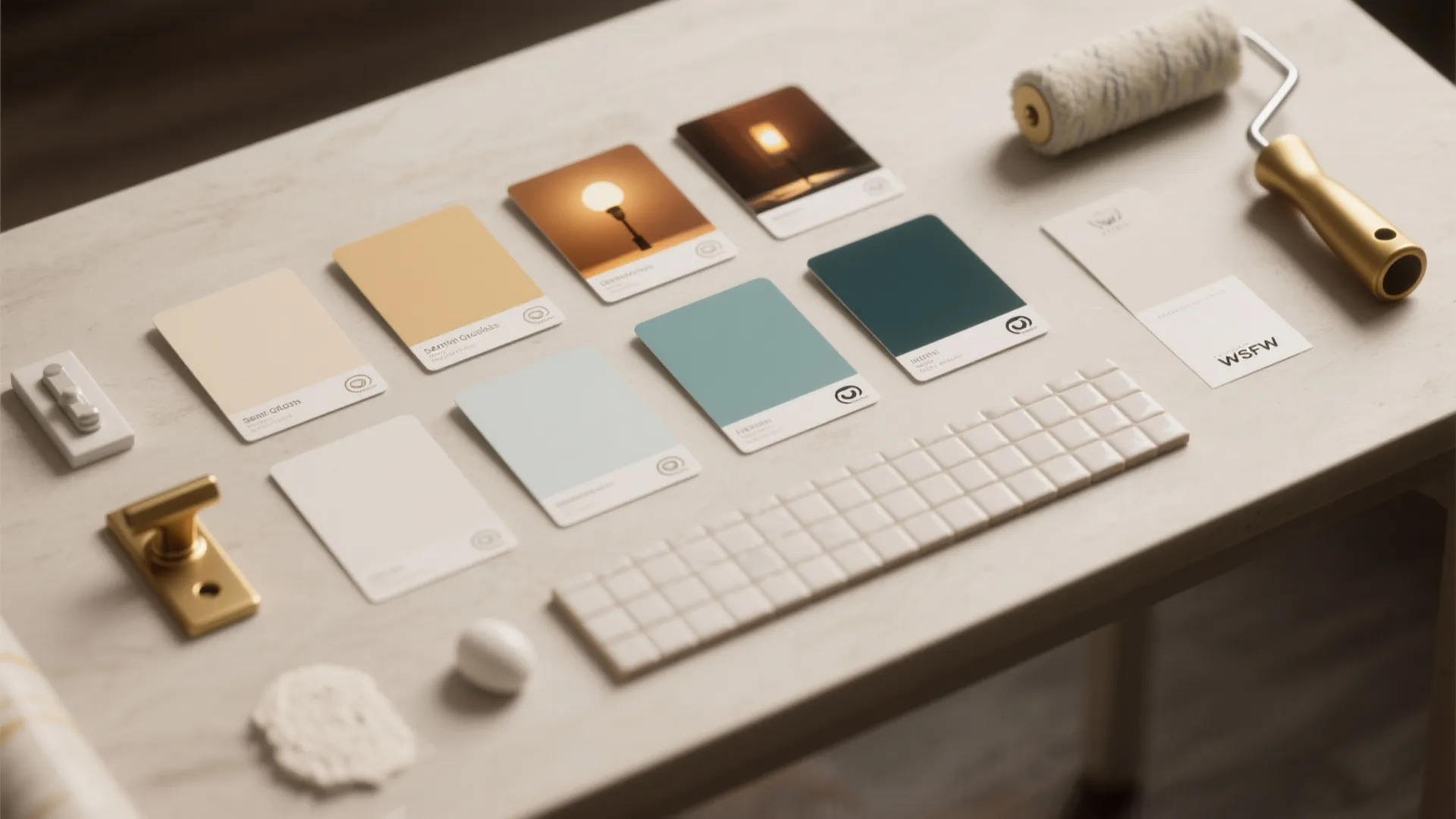 Top-down flatlay of paint swatches, finish samples, lighting cards and hardware for testing kitchen colors.