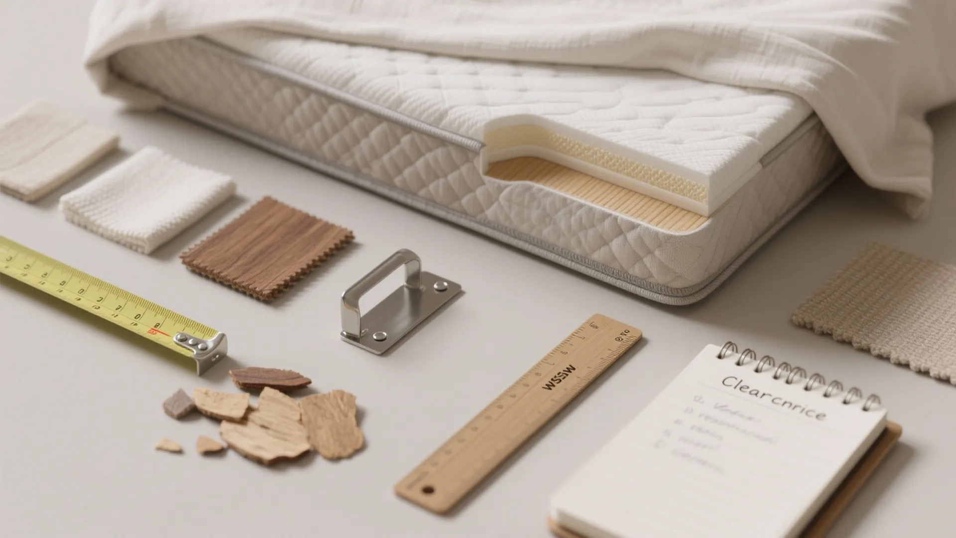 Mattress cross section with material samples measuring tape ruler and notepad on a grey background table