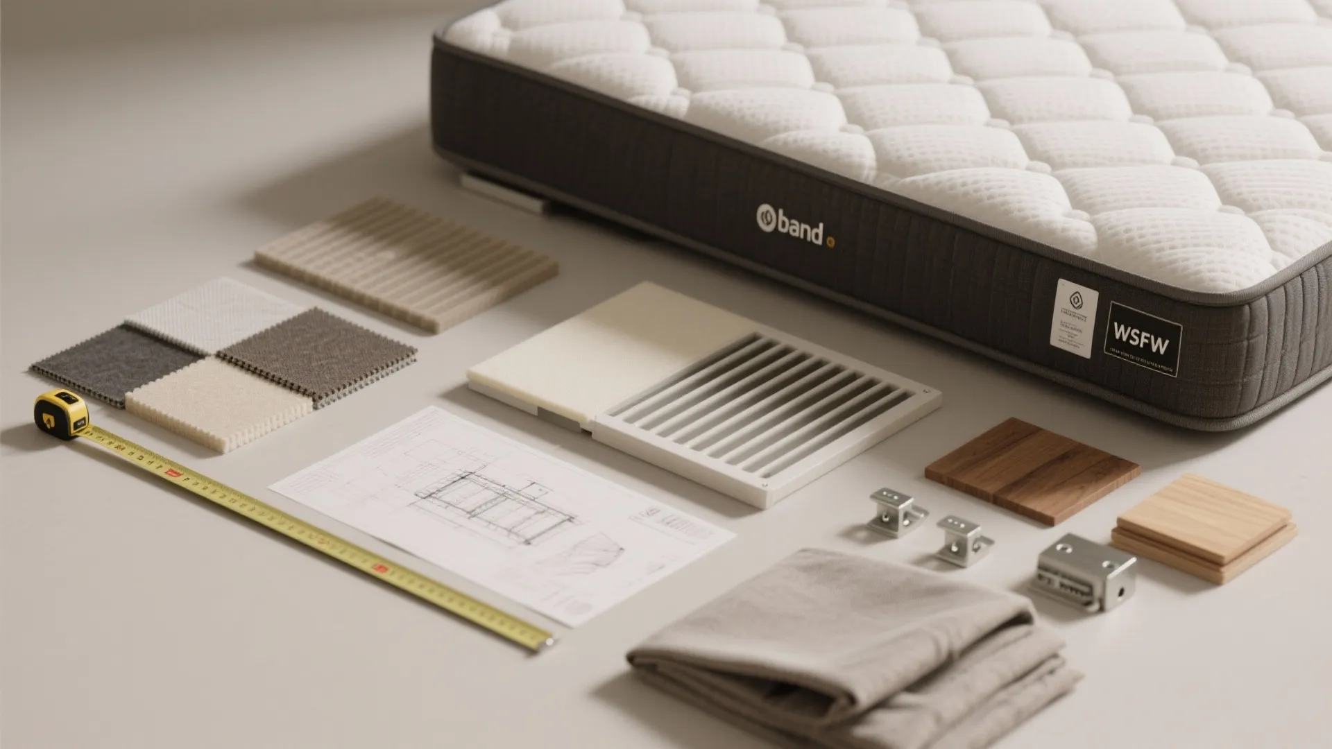 Flatlay of mattress swatches, hardware, ventilation samples and planning sketches for hideaway beds.