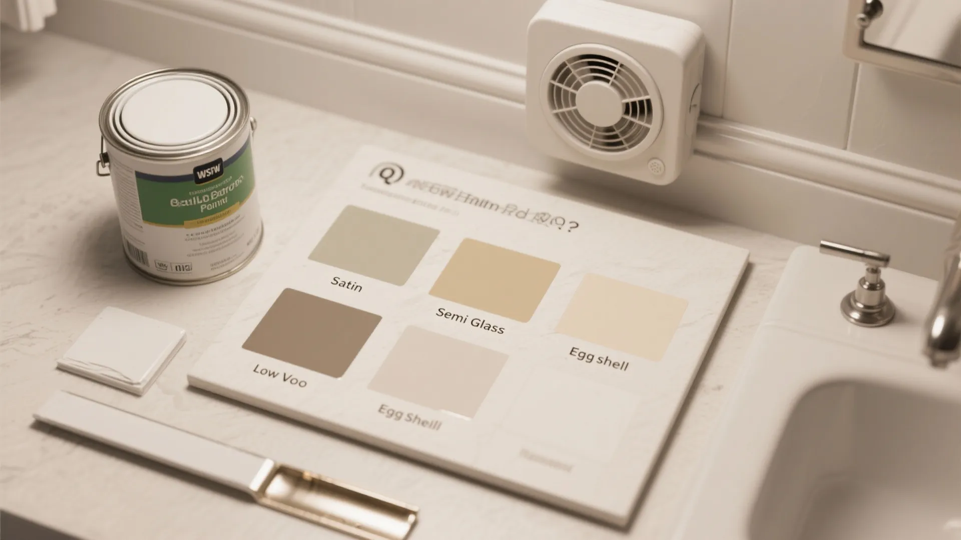 A paint can sitting next to a color sample board on a marble bathroom counter