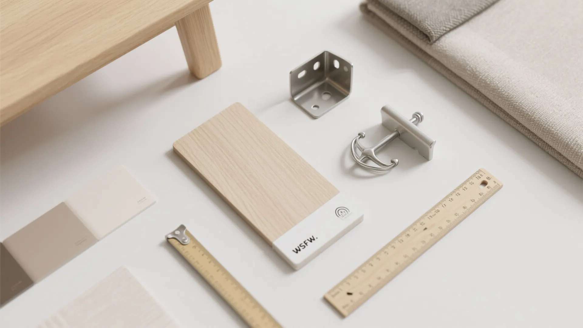 Interior design materials including wood samples color swatches a ruler and metal hardware on table
