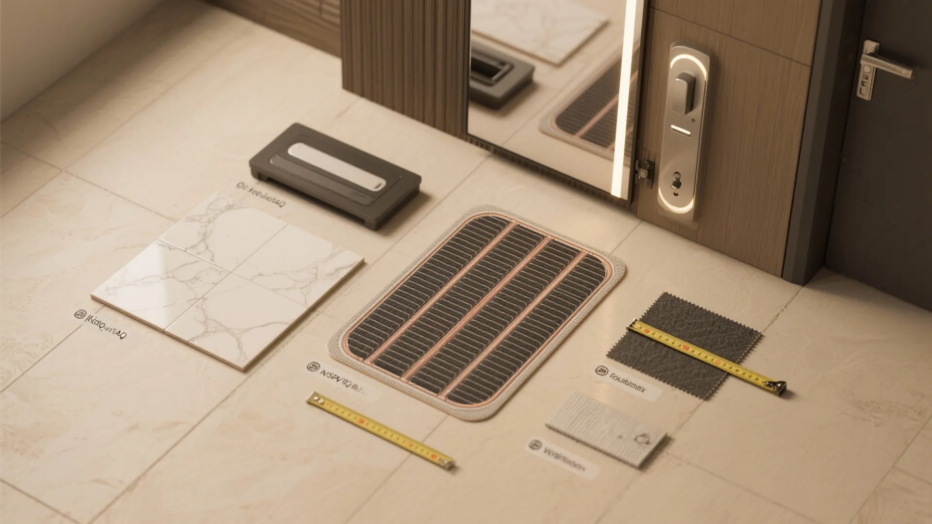 Flatlay of materials and components answering common small bathroom renovation FAQs.