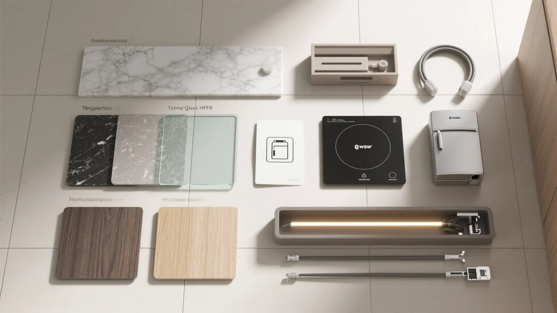 Flat lay of interior design materials including marble tiles wood samples and small kitchen appliances