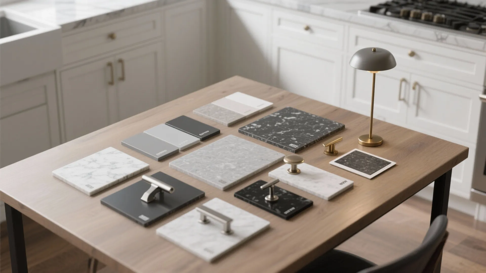 Top-down flatlay of paint chips, countertop samples and hardware finishes for white and gray kitchen planning.