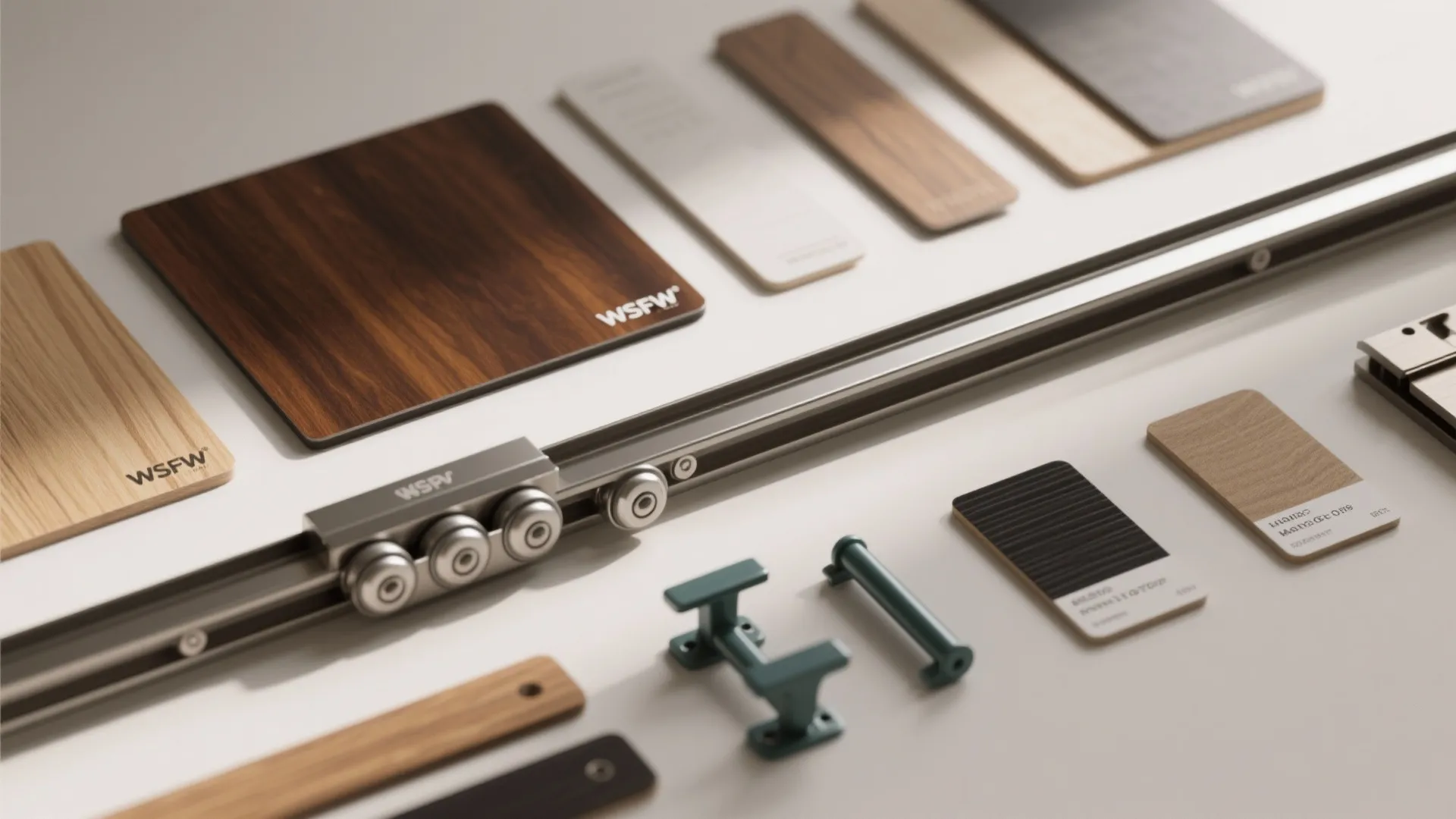 Flat lay of interior design material samples including wood pieces, metal tracks and door hardware components