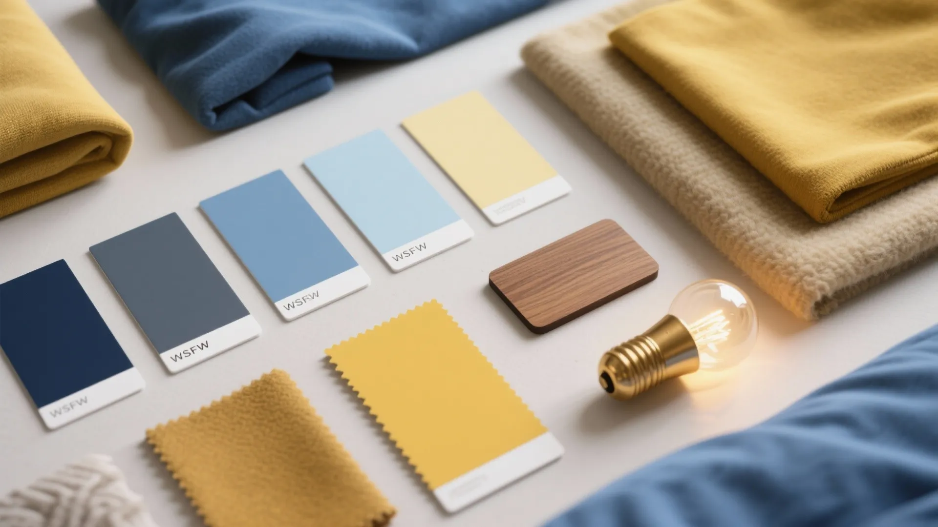 Collection of blue and yellow fabric swatches, color cards, wood sample, and glowing light bulb