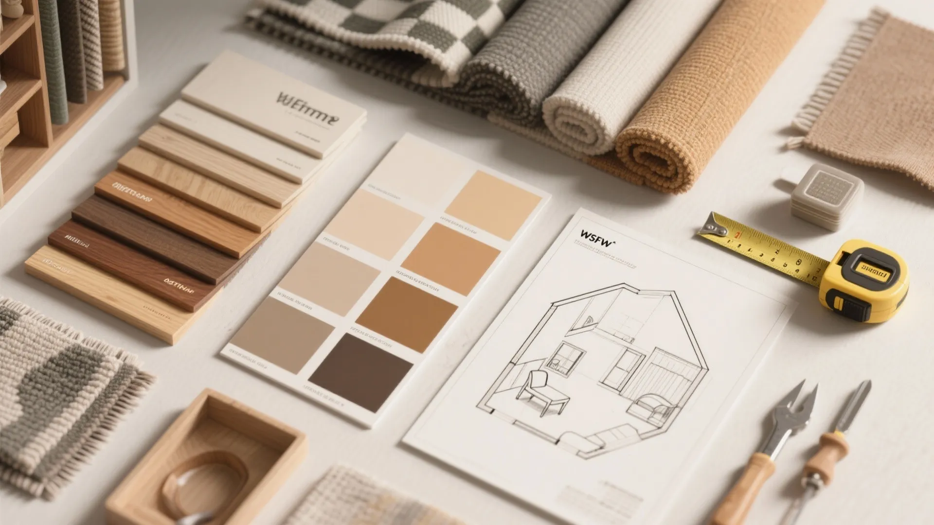 Flatlay of wood and fabric swatches, paint chips and a tiny house floorplan sketch.