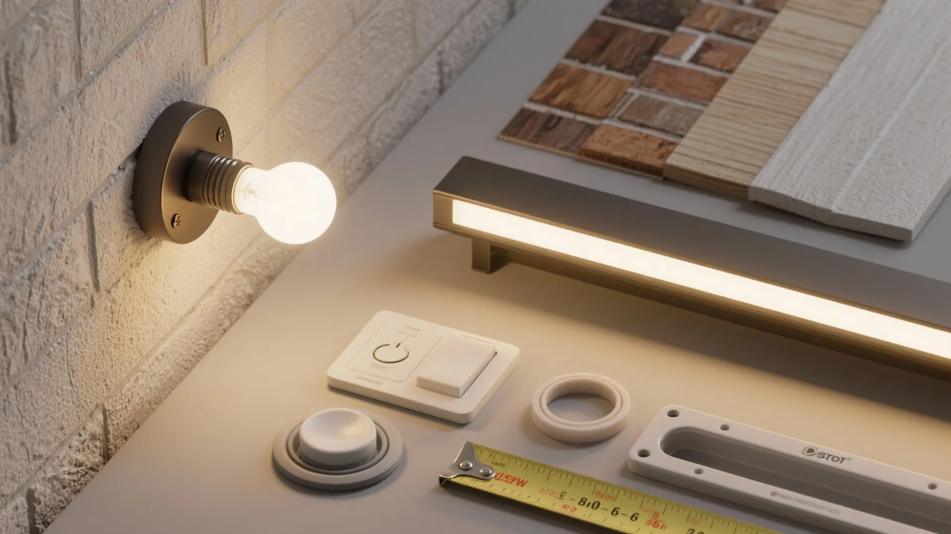 Interior design materials including wall light, light strip, measuring tape, and various floor tile samples
