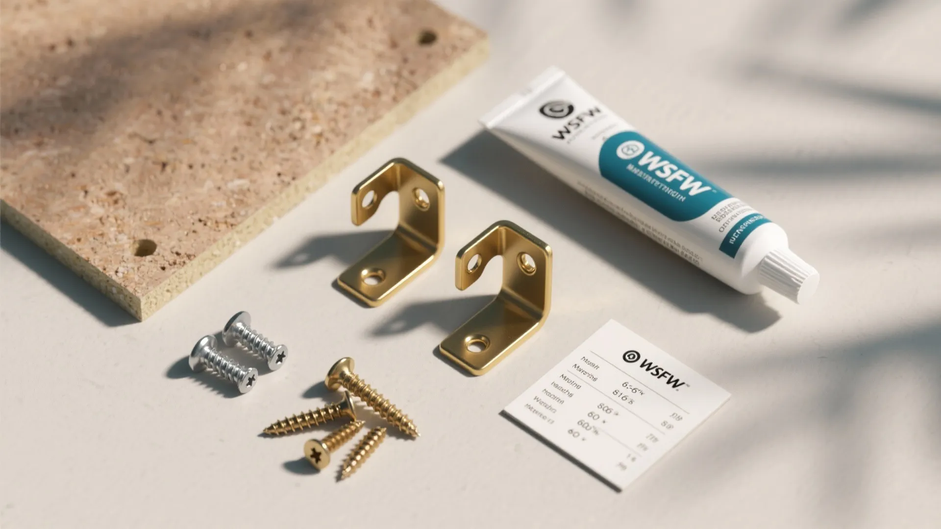 Hardware kit with gold brackets and silver screws and glue tube and wood board and card