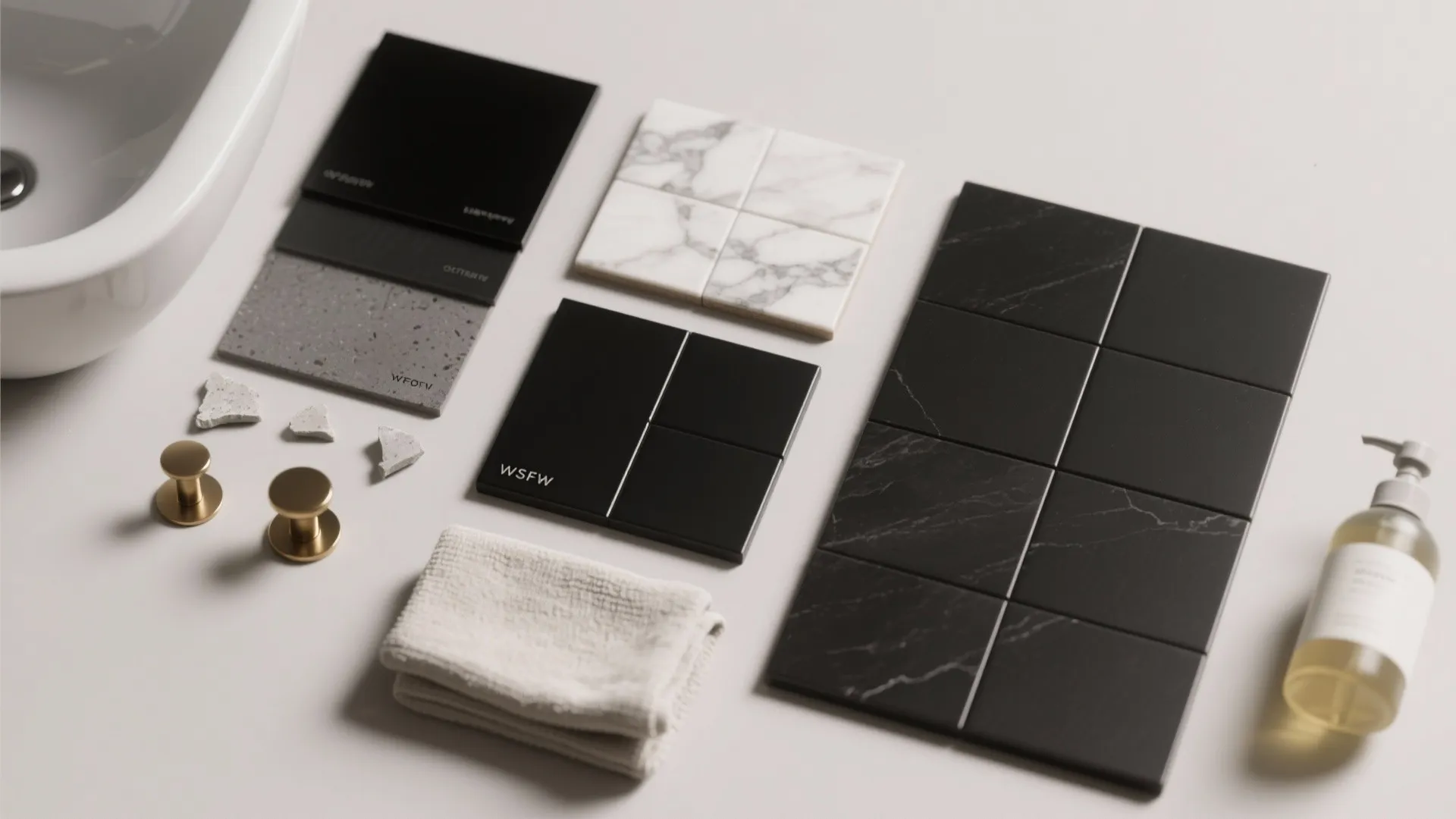 Bathroom material samples featuring black tiles white marble gold knobs a soft towel and soap