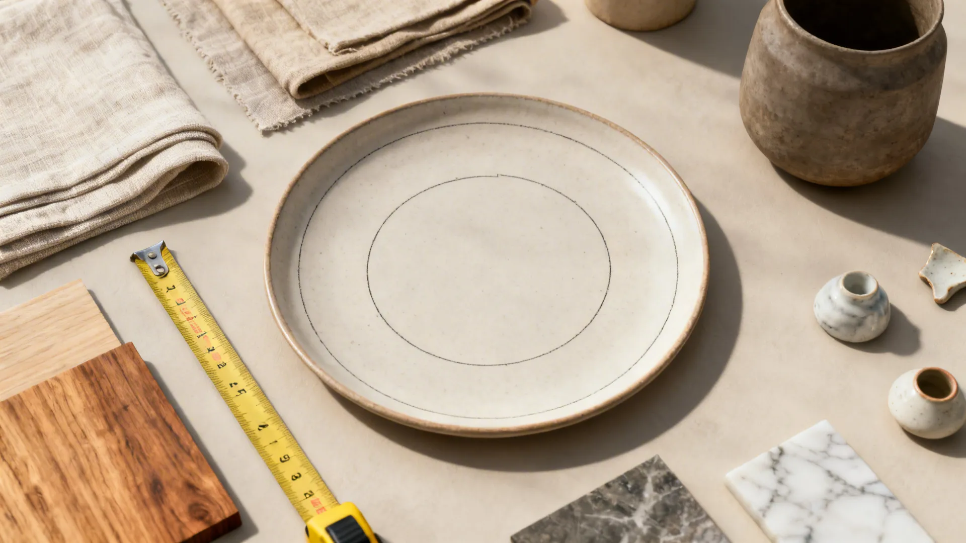 Flatlay of linen swatches, wood and marble samples, and ceramic fragments for round table styling reference.