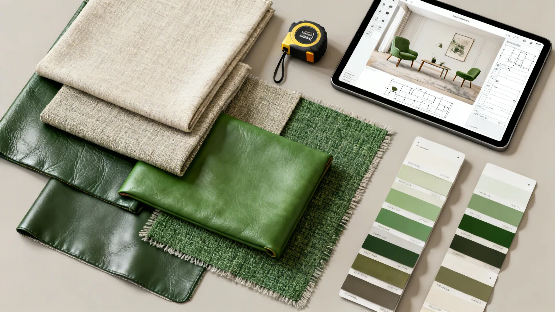Top-down flatlay of fabric swatches, color chips and a tablet showing a floor plan for choosing accent chairs