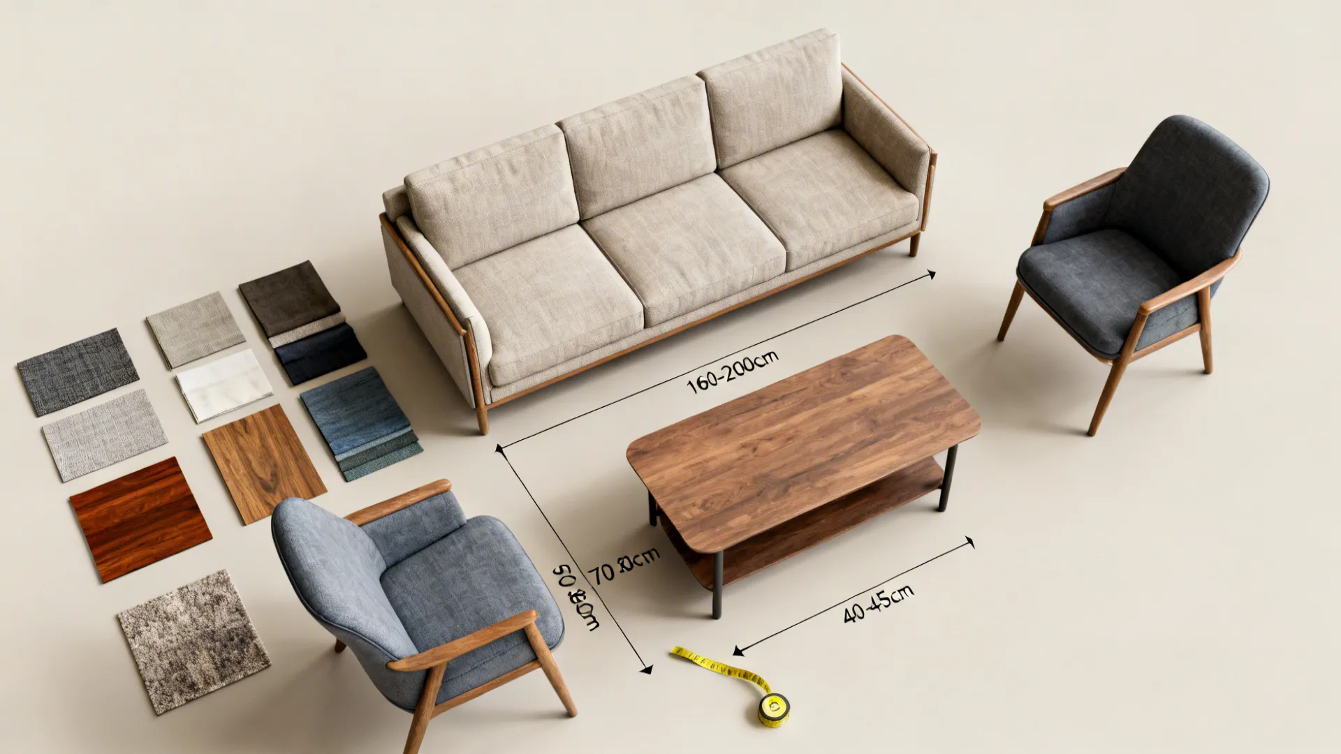 Flatlay of fabric swatches, wood finishes and scale guides for choosing sofa and chairs in a small living room.