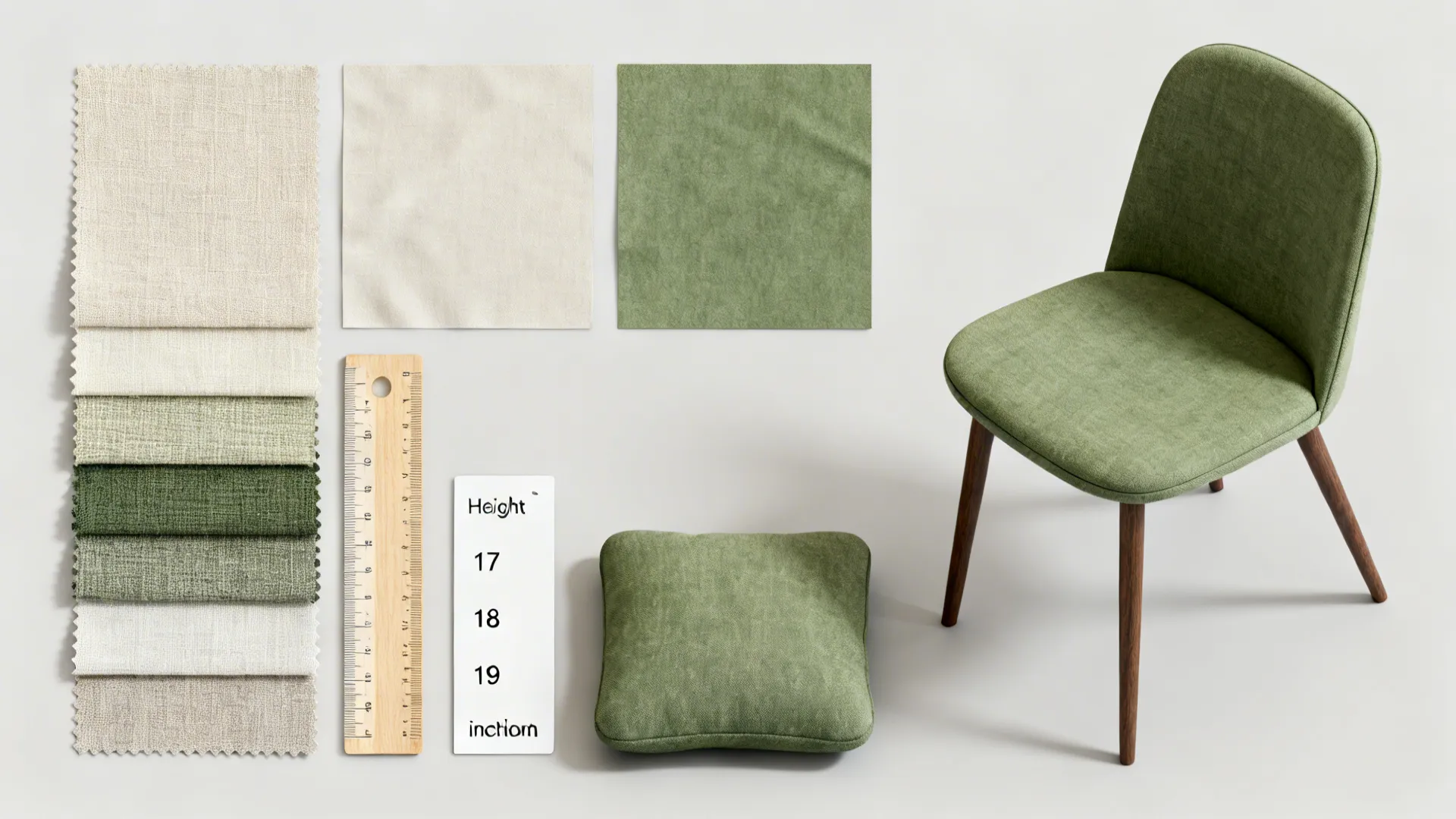 Flatlay of fabric swatches, measurement ruler showing ideal seat depth and height, and cushion sample