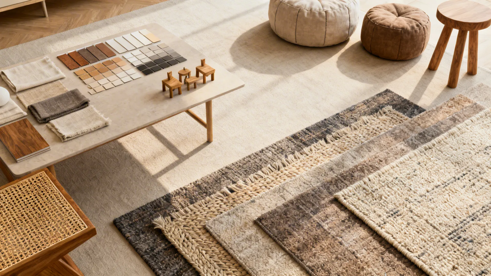 Material and color flatlay for coffee-table-free small living room design