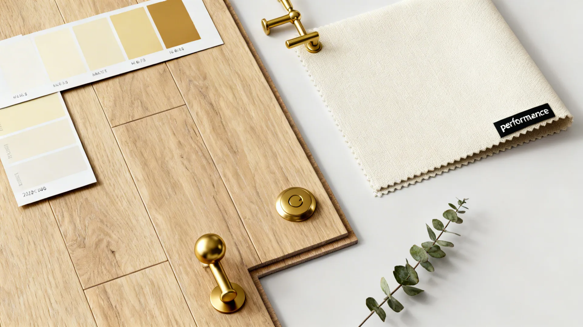 Flatlay of cream paint chips, wood sample, matte and polished gold hardware and upholstery swatch.