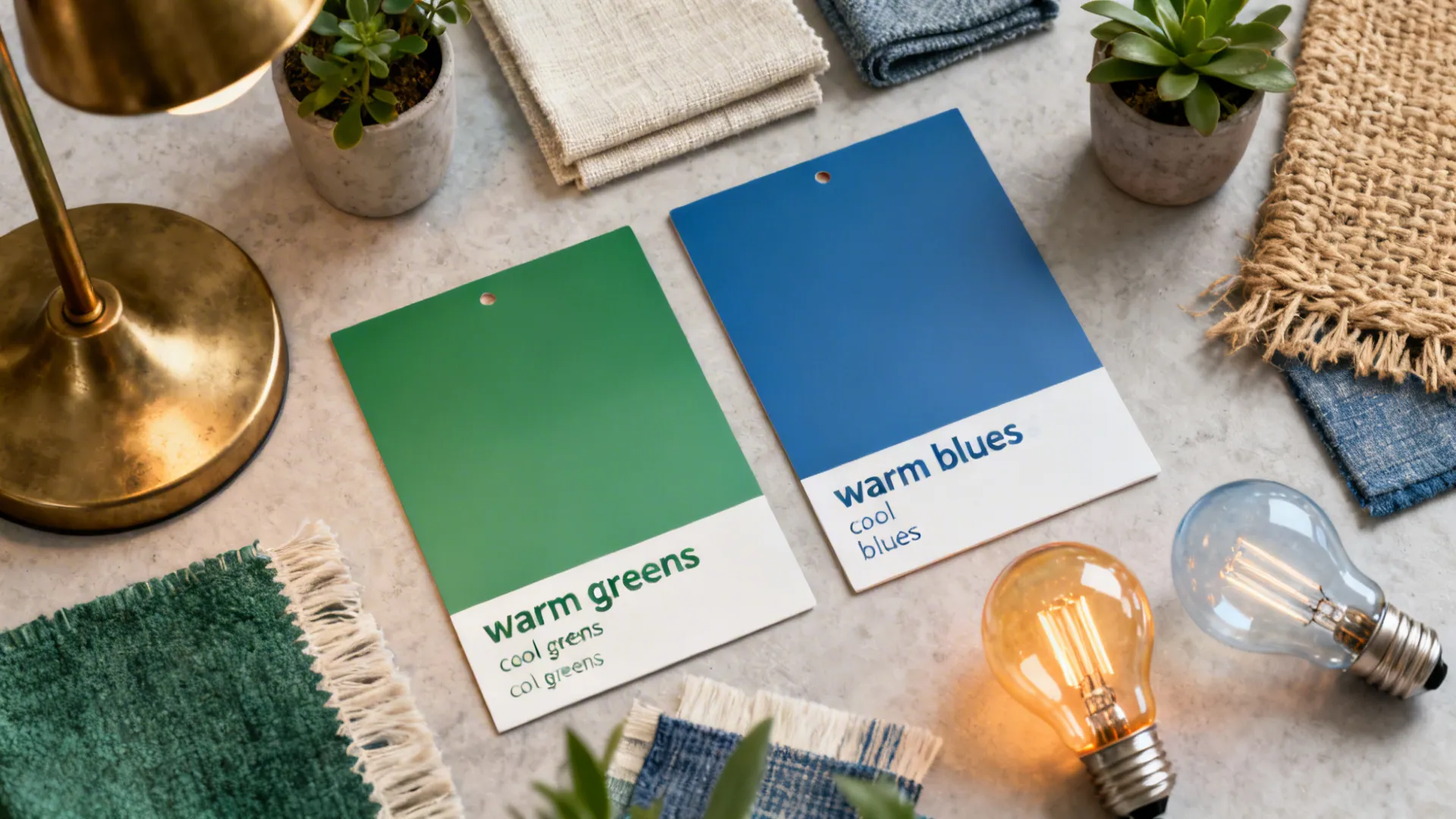 Flatlay of paint cards, fabric swatches, plant cuttings and lighting samples for palette decisions