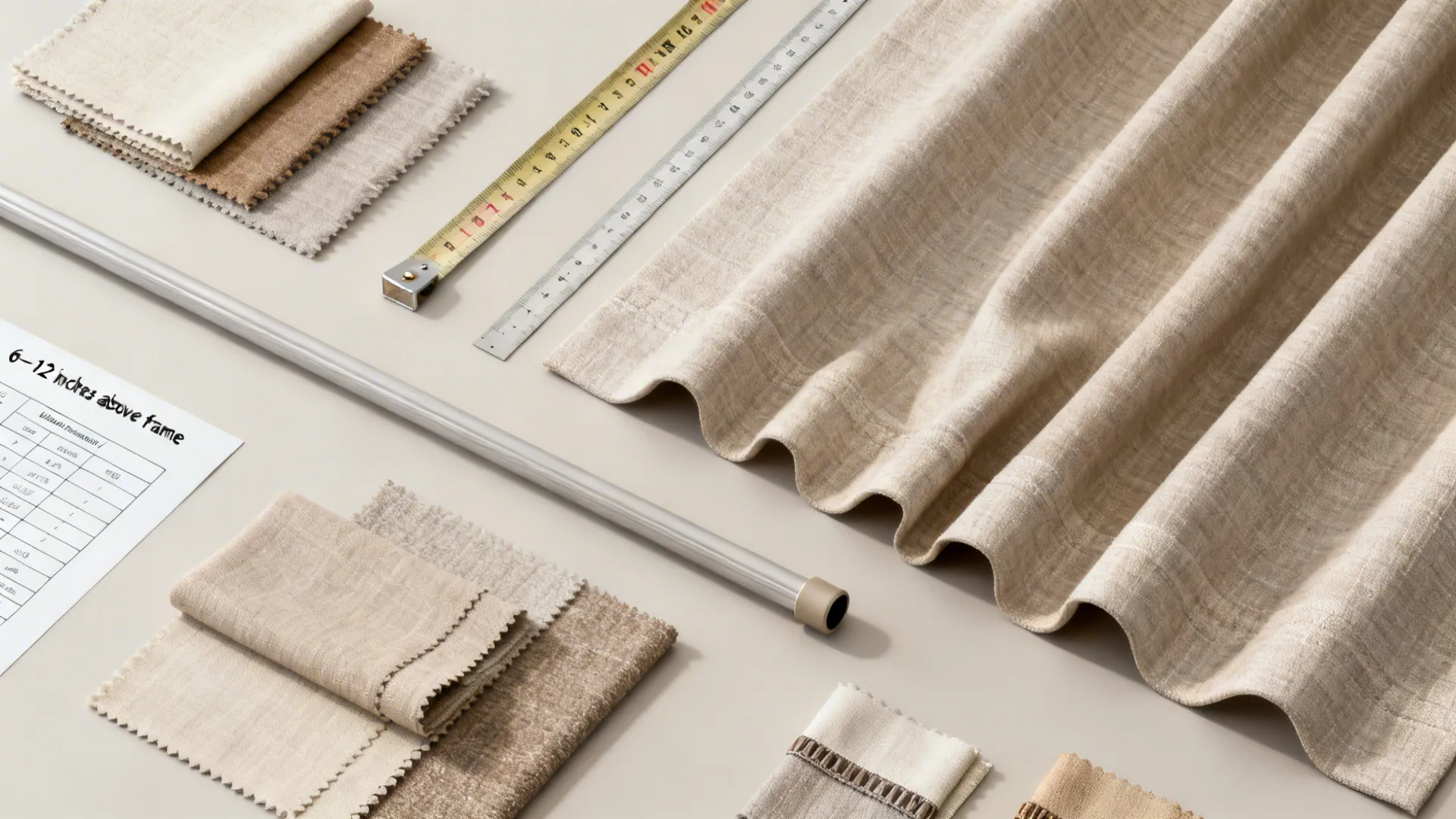 Fabric swatches in beige and brown with a ruler measuring tape and a silver metal rod