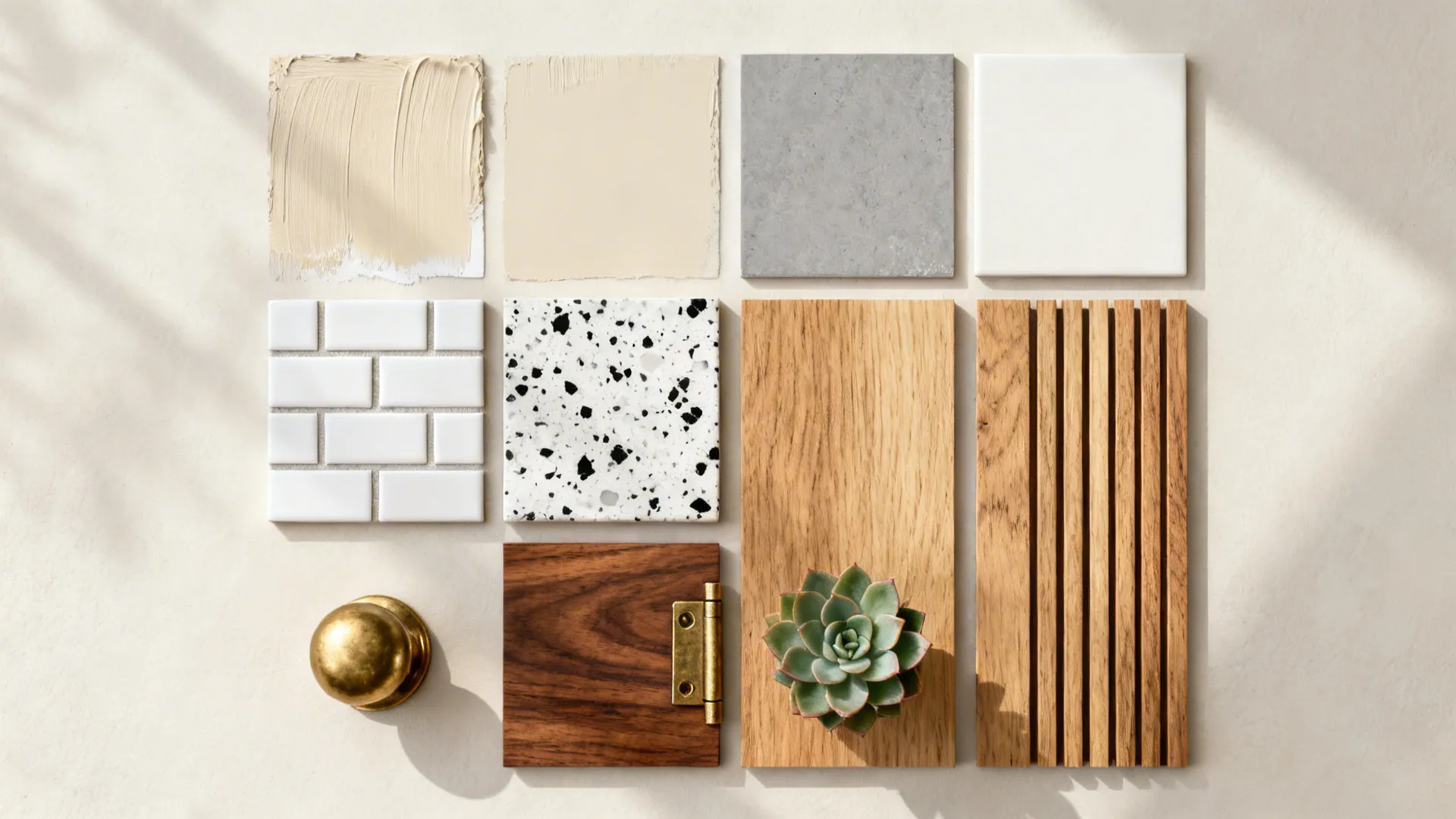 Flatlay of paint chips, tile and wood samples, brass hardware and a plant illustrating color selection tips.