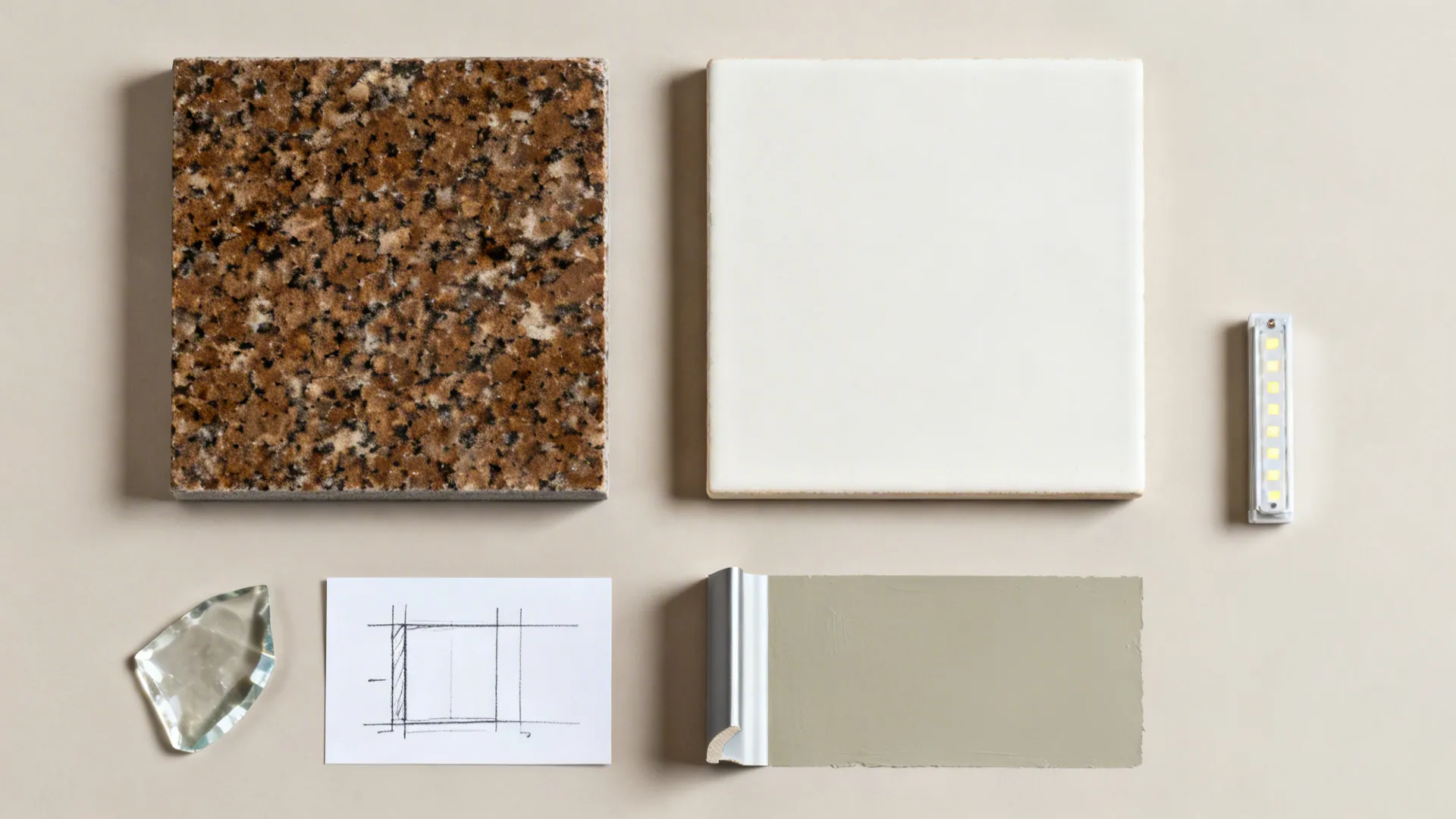 Flat lay with Baltic Brown sample, glass, tile, greige paint, eased edge, and LED strip.